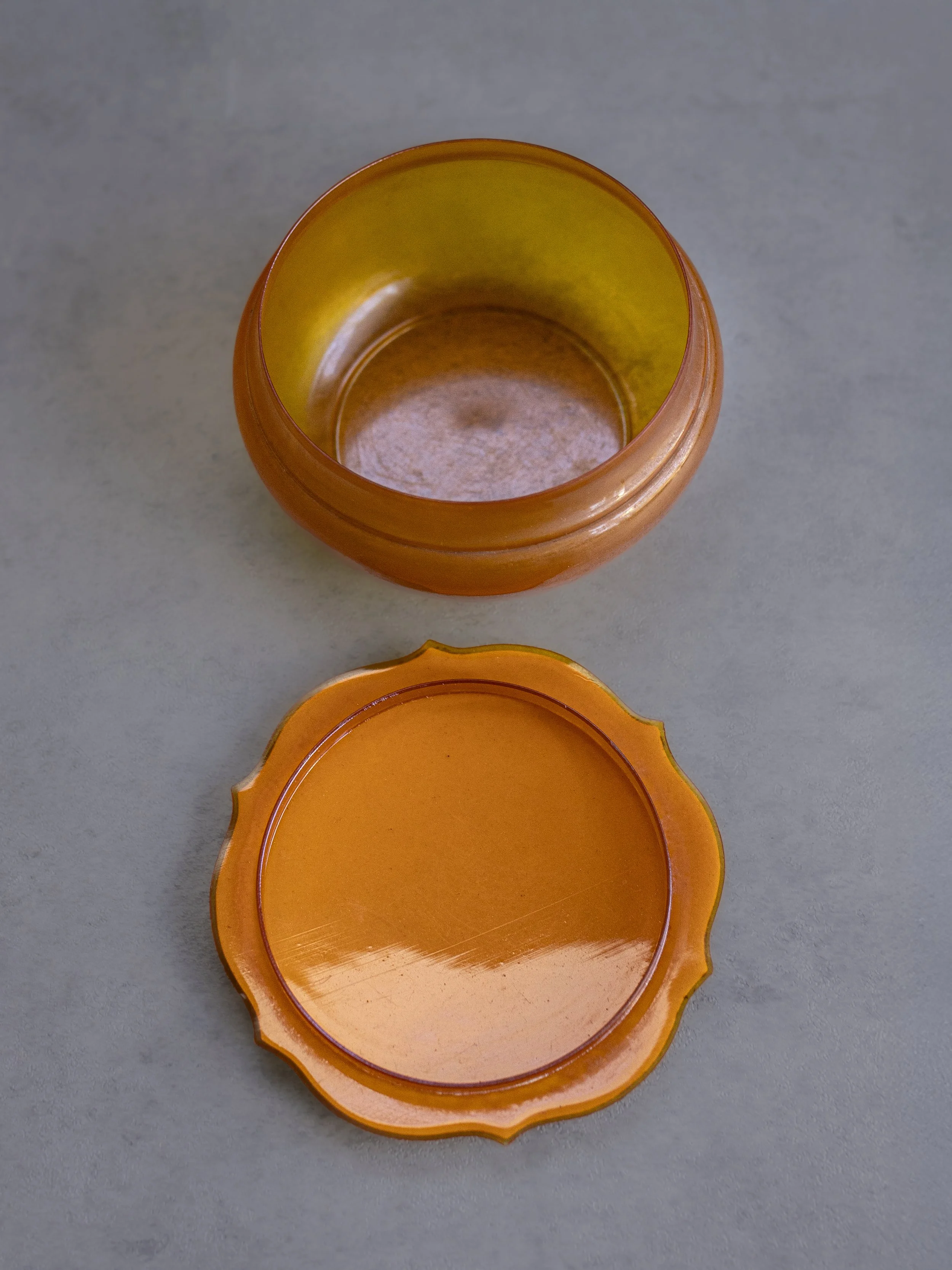 Amber Celluloid Vanity Trinket Jar - Originally Hair Receiver - 1920s