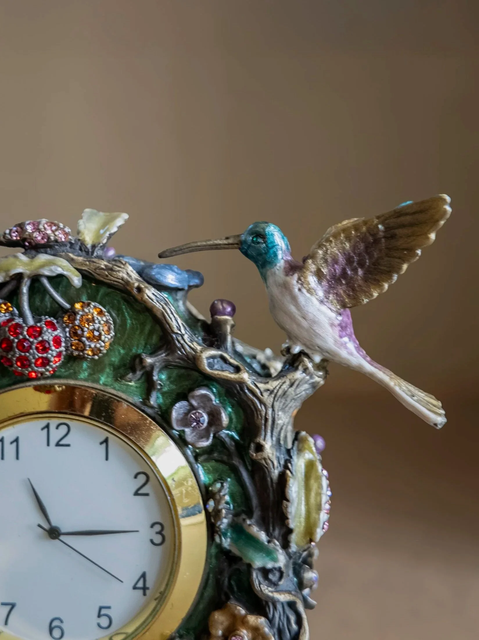 Enamel & Crystal Gwendolyn Table Clock Bird
