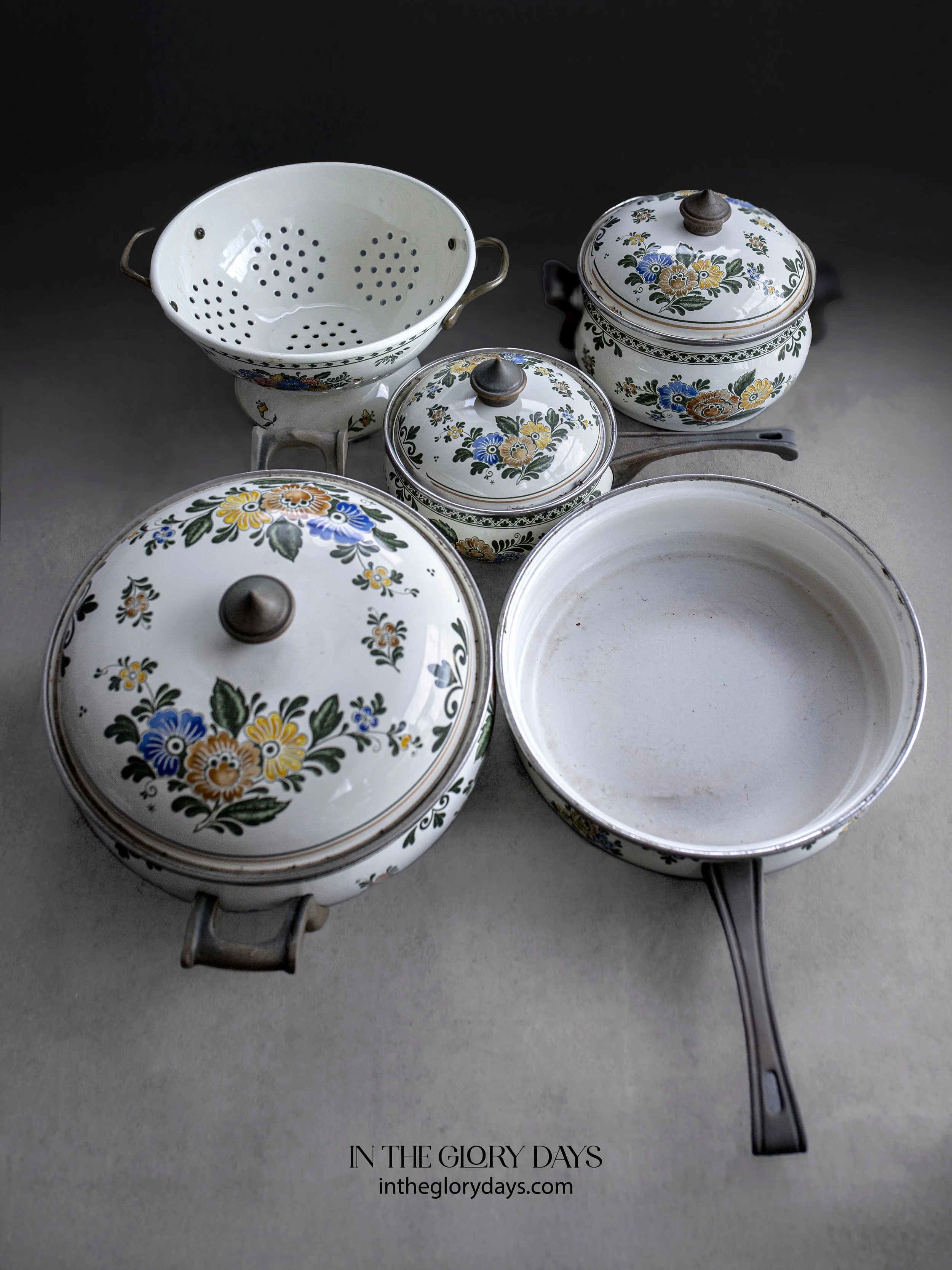 Vintage German ASTA  Enamel Cookware 8 Pieces Floral Set