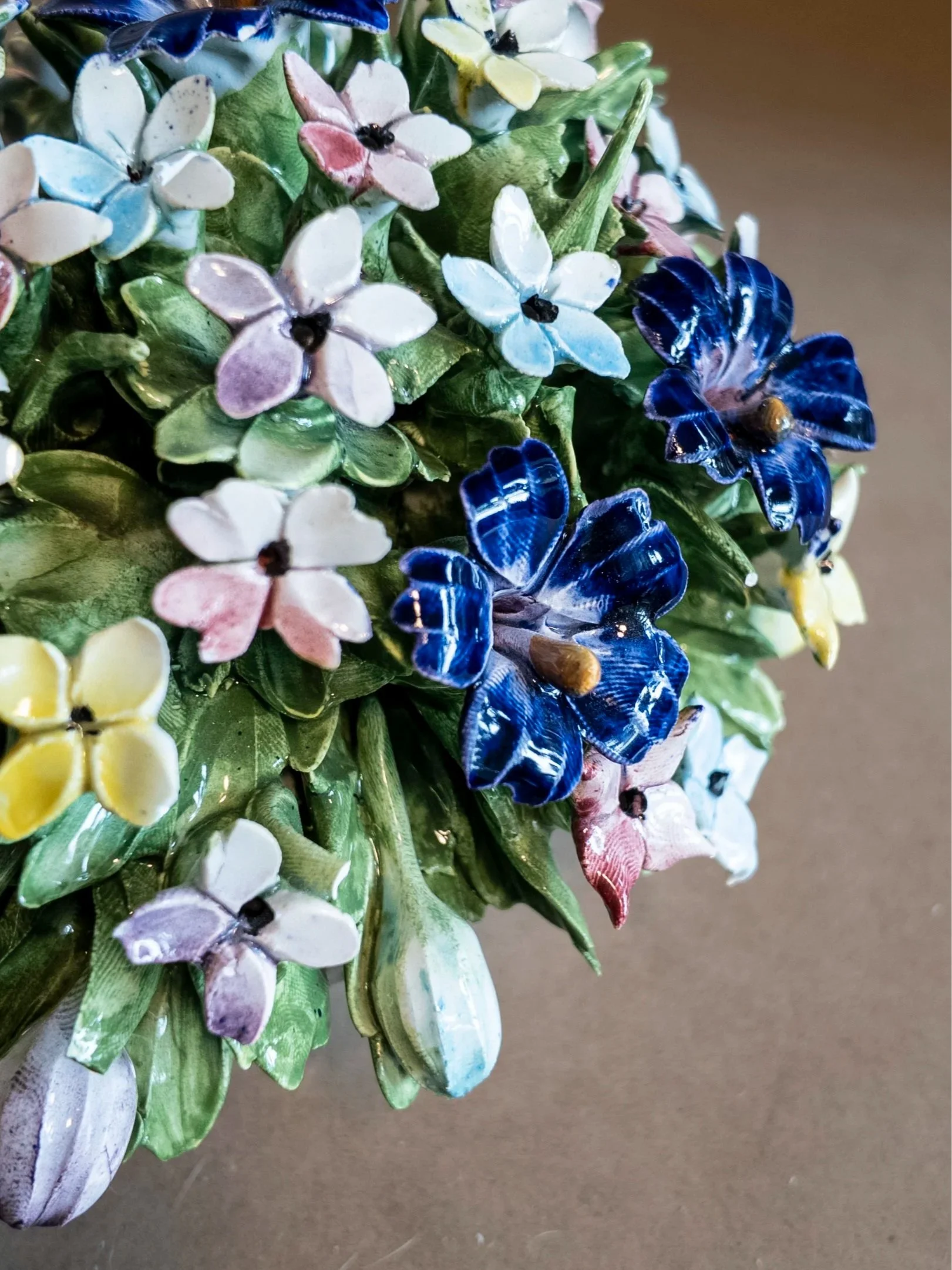 Close Up of Nuova Capodimonte Hand-Painted Porcelain Flower Bouquet