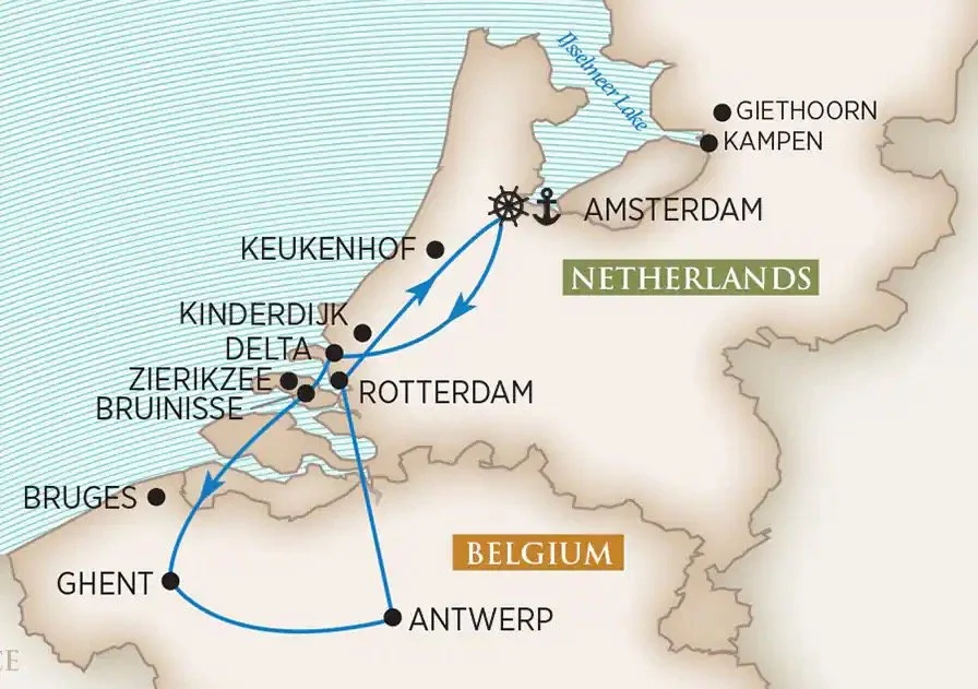 Map of a boat cruise route in the Netherlands and Belgium, showing departure from Amsterdam, with stops including Giethoorn, Kampen, Keukenhof, KinderDijk, Delta, Zierikzee, Bruinisse, Rotterdam, Bruges, Ghent, and Antwerp.