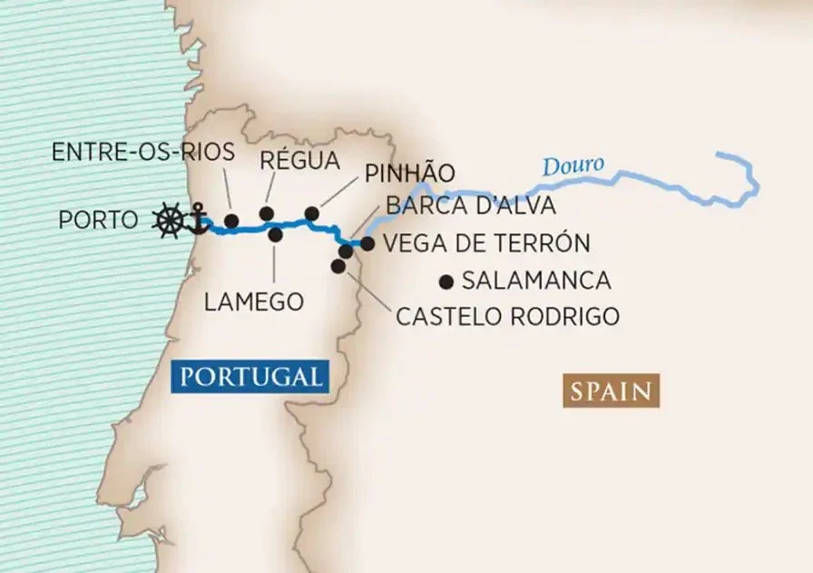 Map of the Portugal Spain border showing the Douro River and towns along the river in Portugal, including Porto, Entre-os-Rios, Rega, Pinhao, Barco d'Alva, Vega de Terron, Lamego, Salamanca, and Castelo Rodrigo.