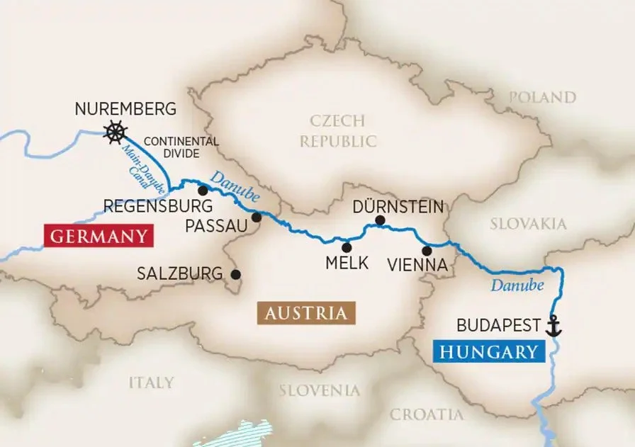 Map showing the route of the Danube River through Germany, Austria, and Hungary, with key cities including Nuremberg, Regensburg, Passau, Vienna, Melk, and Budapest. The map highlights the Danube's flow from Germany to Hungary and labels surrounding countries.