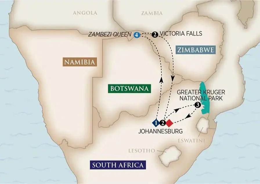Map of the route from Johannesburg, South Africa to Victoria Falls, Zambia, passing through Botswana and Zimbabwe, with highlights at the Greater Kruger National Park and Zambezi Queen. The map shows numbered points and dashed lines indicating travel paths.