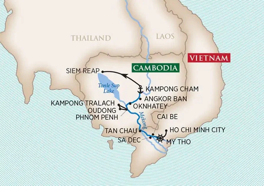 Map of Southeast Asia showing the Mekong River from Cambodia through Vietnam, with key cities and landmarks labeled, including Phnom Penh, Sa Dec, Ho Chi Minh City, and Siem Reap.