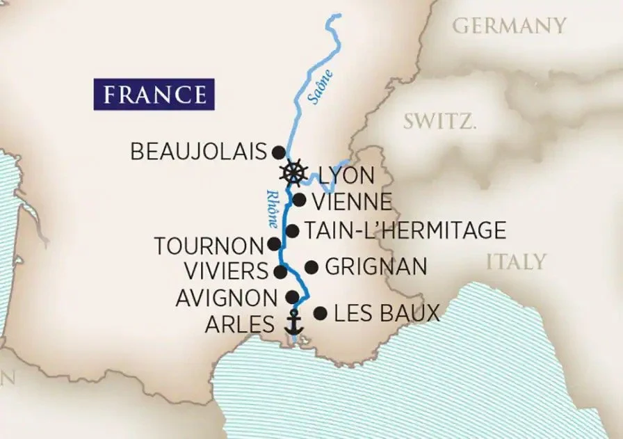 Map of the Rhone River in France showing key cities from Beaujolais to Les Baux, including Lyon, Vienne, Tain-L'Hermitage, Grignan, Viviers, Avignon, and Arles.