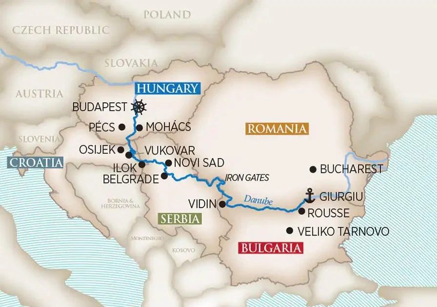 Map of Central Europe showing the Danube River flowing through Hungary, Serbia, Romania, and Bulgaria, with major cities and landmarks marked, including Budapest, Belgrade, Bucharest, and Sofia.