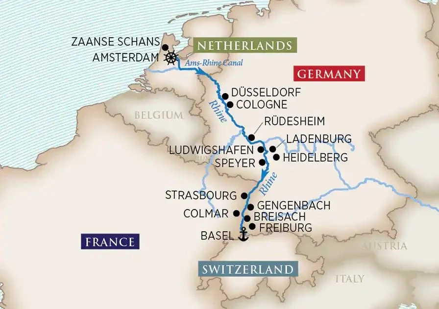 Map of the Rhine River, showing the course through the Netherlands, Germany, France, and Switzerland, with cities along the river labeled, including Amsterdam, Düsseldorf, Cologne, Heidelberg, and Basel.
