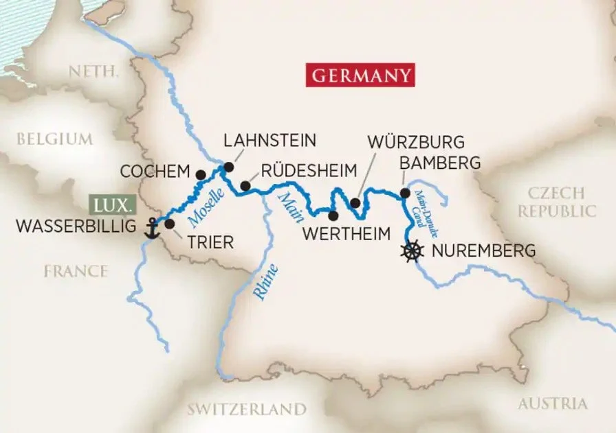 Map showing the Rhine River in Germany, with key cities labeled: Cochem, Trier, Wertheim, Nuremberg, Würzburg, Bamberg, Rüdesheim, Lahnstein, Wasserbillig, and Luxembourg. The river's course is marked with a blue line.