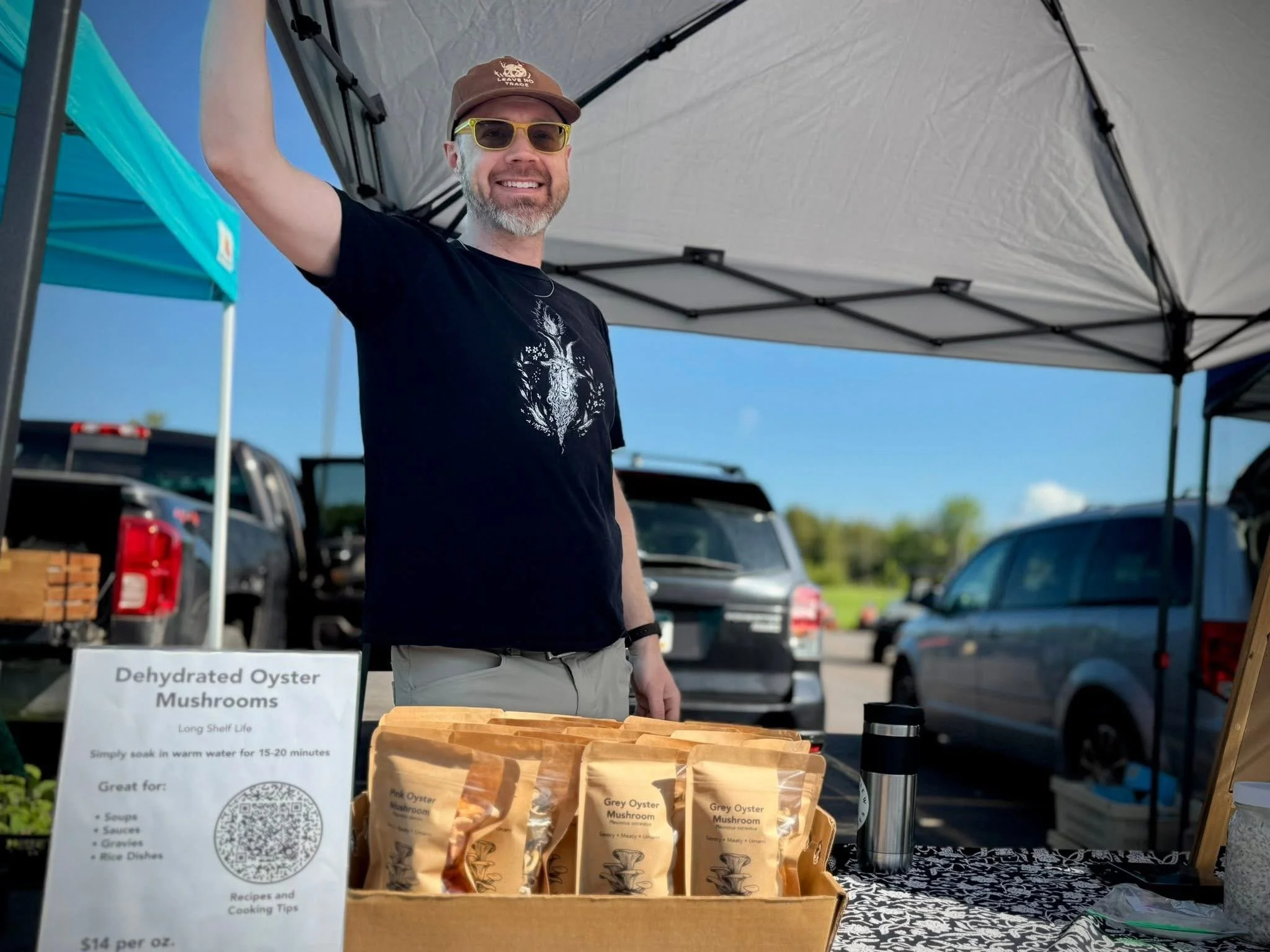 Darren from Friendly Fungi at the Two Harbors Farmers Market, selling dehydrated oyster mushrooms