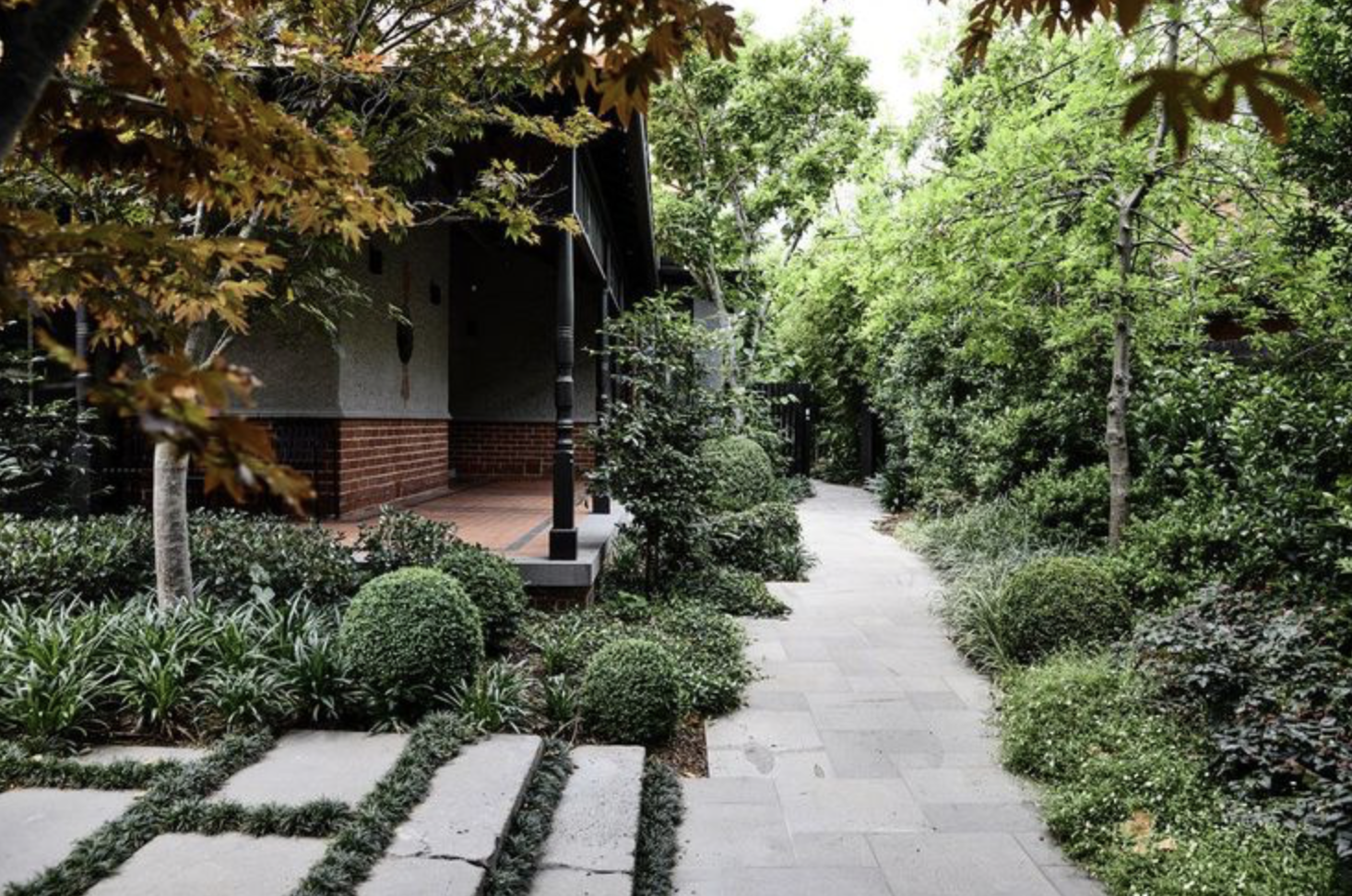 A serene garden path surrounded by lush greenery and boxwood shrubs leading to a porch with dark wooden columns and brick base at a residence in Camberwell, Melbourne.