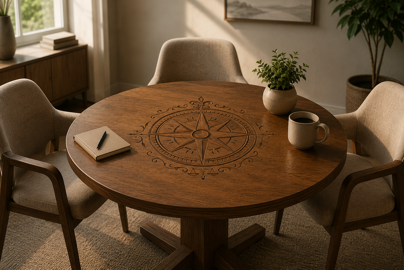 Round wooden table with a compass rose design on the surface, surrounded by four upholstered chairs, with a notebook and pen, a coffee mug, and a potted plant on the table, in a well-lit room.