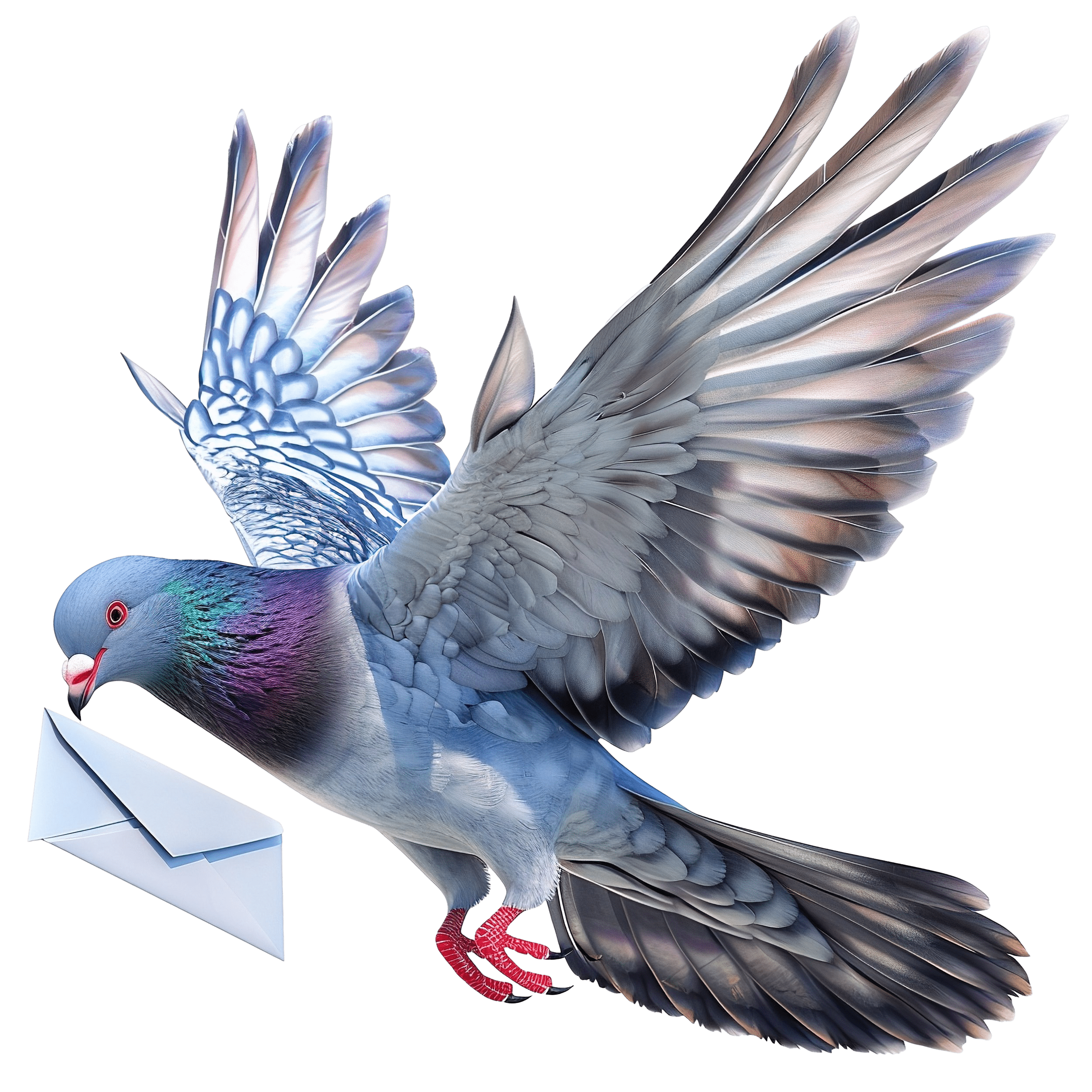 A colorful pigeon with wings spread open mid-flight, holding an envelope in its mouth