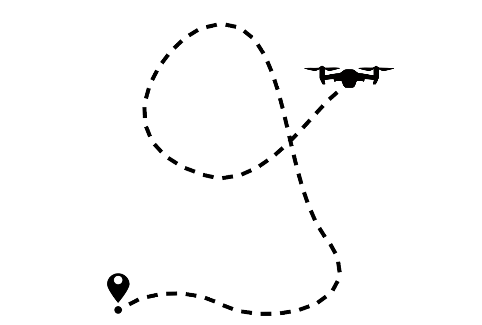 A dotted black and white map route with a marker at the start and a DJI drone icon at the destination.