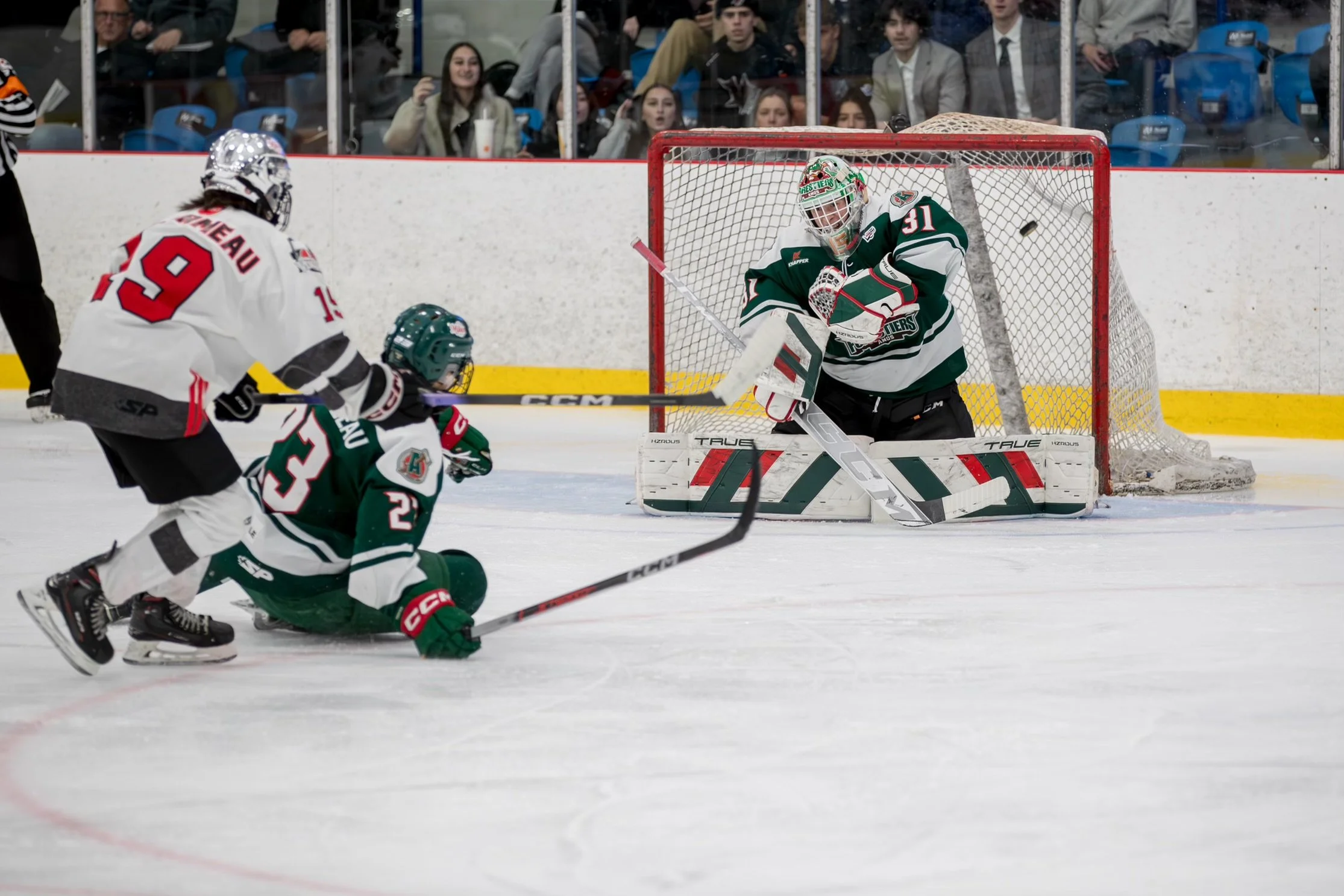 Jeu de hockey sur glace avec un joueau qui tente de marquer un but, un gardien qui essaie de bloquer la puck, et un autre joueur sur la glace, avec un public assis derrière la vitre.