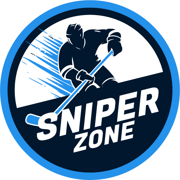 Logo représentant un hockeyeur en position de tirer, avec le texte « SNIPER ZONE » dans un badge circulaire bleu et blanc.