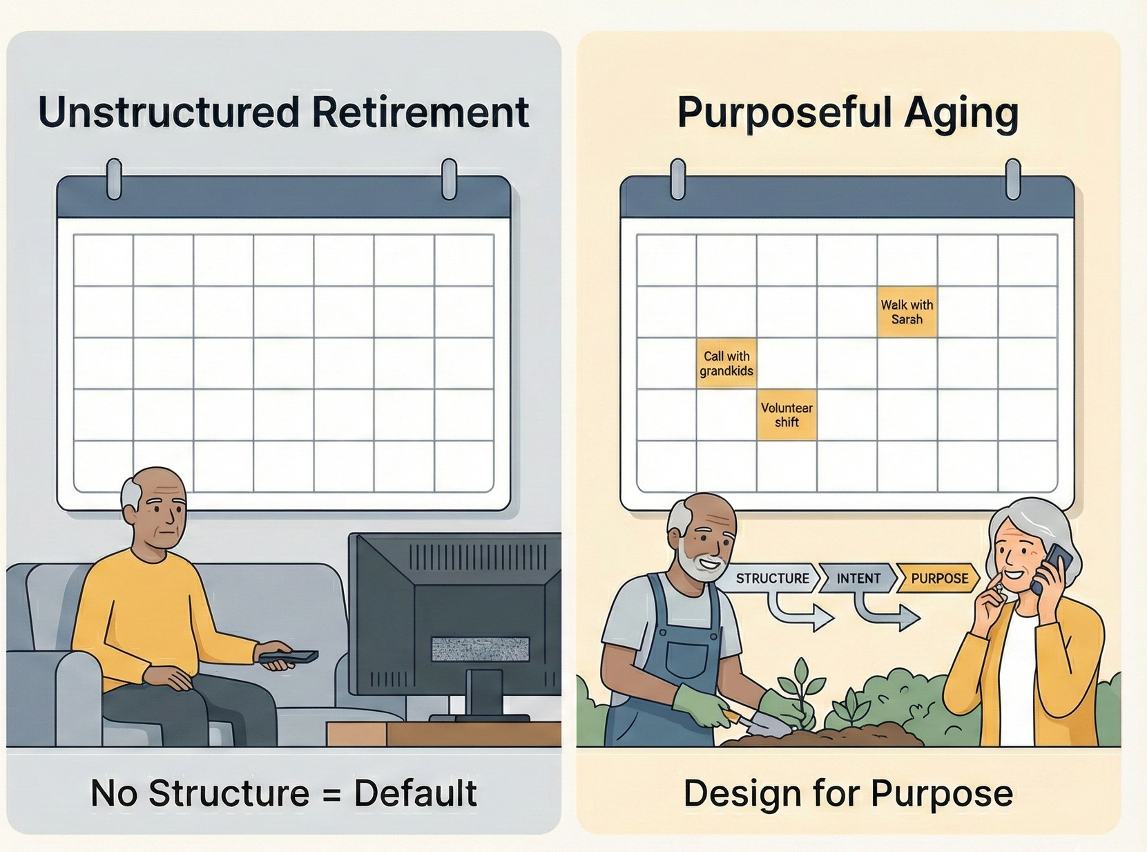Shows a calendar populated with meaningful activities like "Walk with Sarah" and "Volunteer shift," alongside older adults gardening and socializing. This is labeled "Design for Purpose."