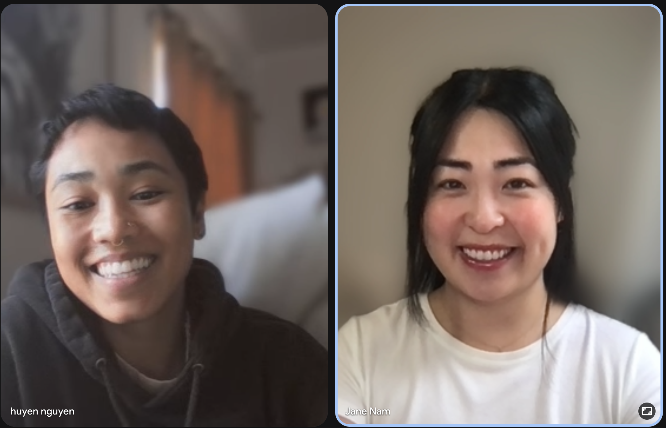 Screenshot of a virtual interview between Huyen Nguyen, a wellbeing consultant and caregiver, and Jane Nam, founder of AgeTech Journal. Both are smiling during their conversation about caregiving and technology.