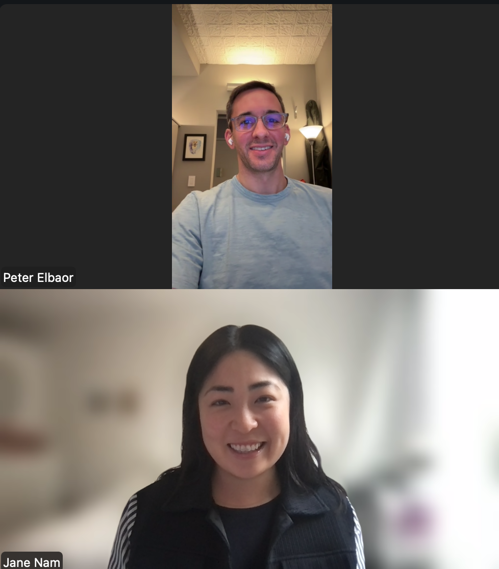 Jane Nam of AgeTech Journal and Peter Elbaor, Founder & CEO of Ayla AI, smiling together after their interview on building technology for older adults.