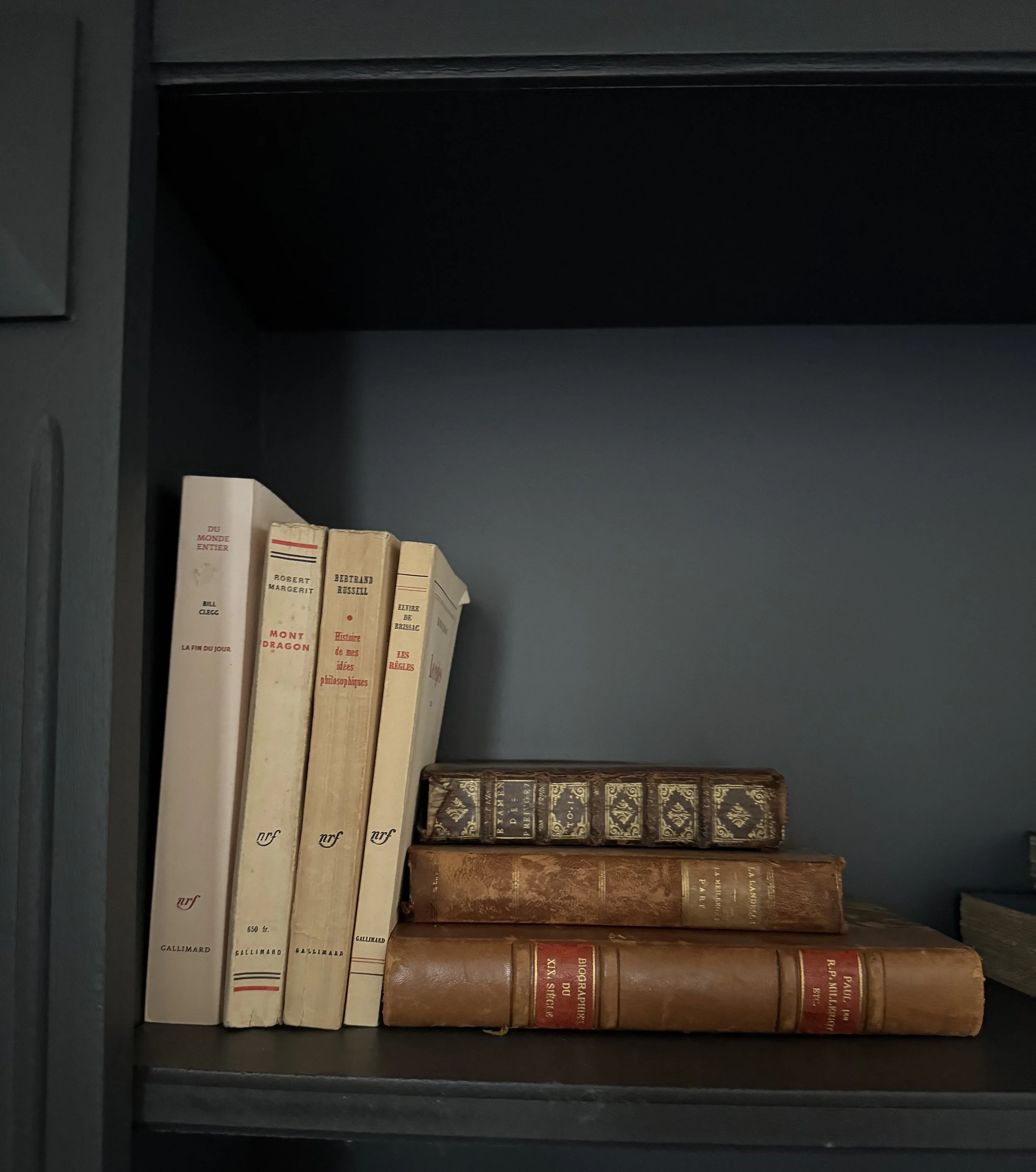 Books on a dark gray bookshelf, some with classic leather bindings and others with modern paper covers, arranged in a row.