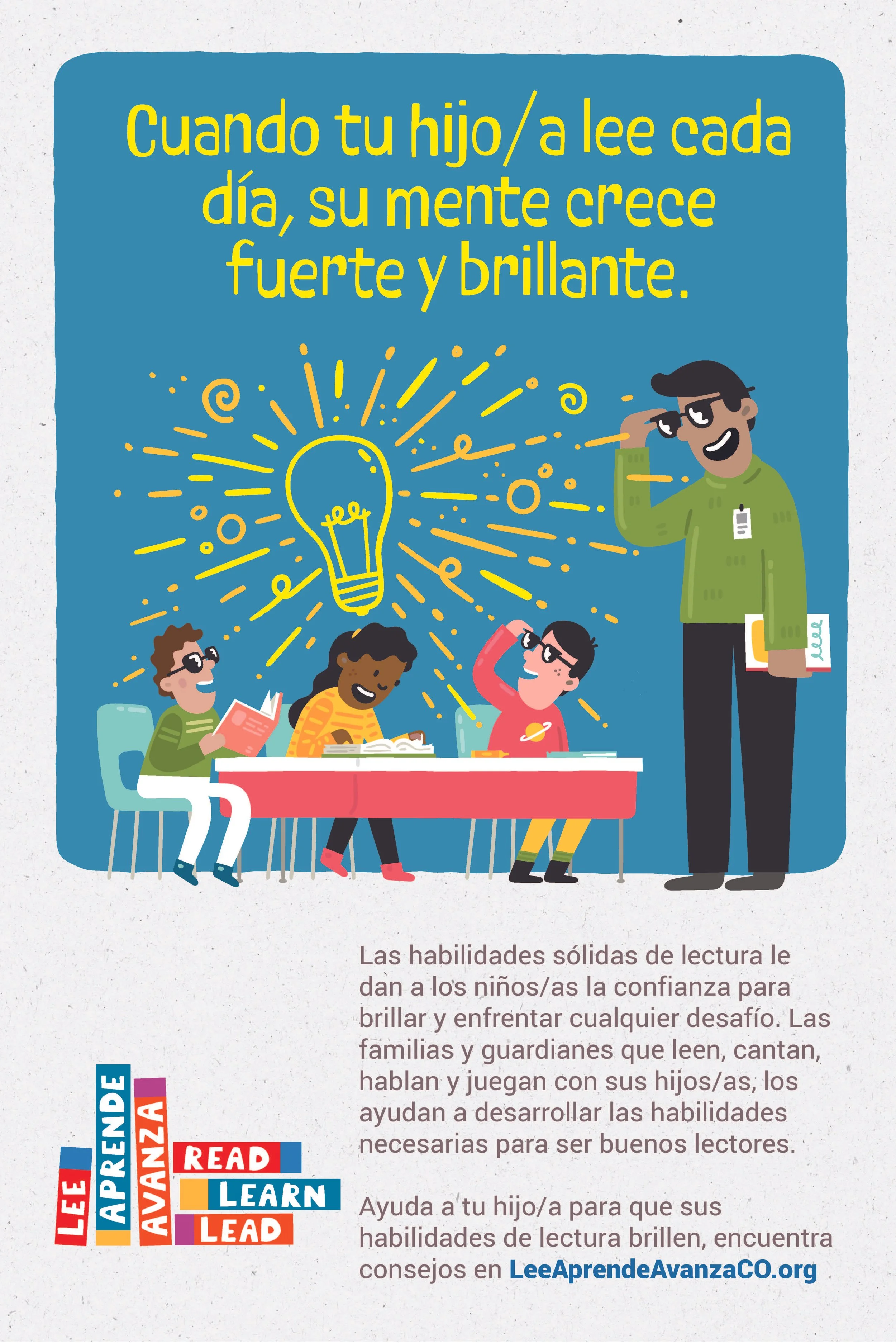 Imagen de un póster con el encabezado que dice: Cuando tu hijo/a lee cada día, su mente crece fuerte y brillante.