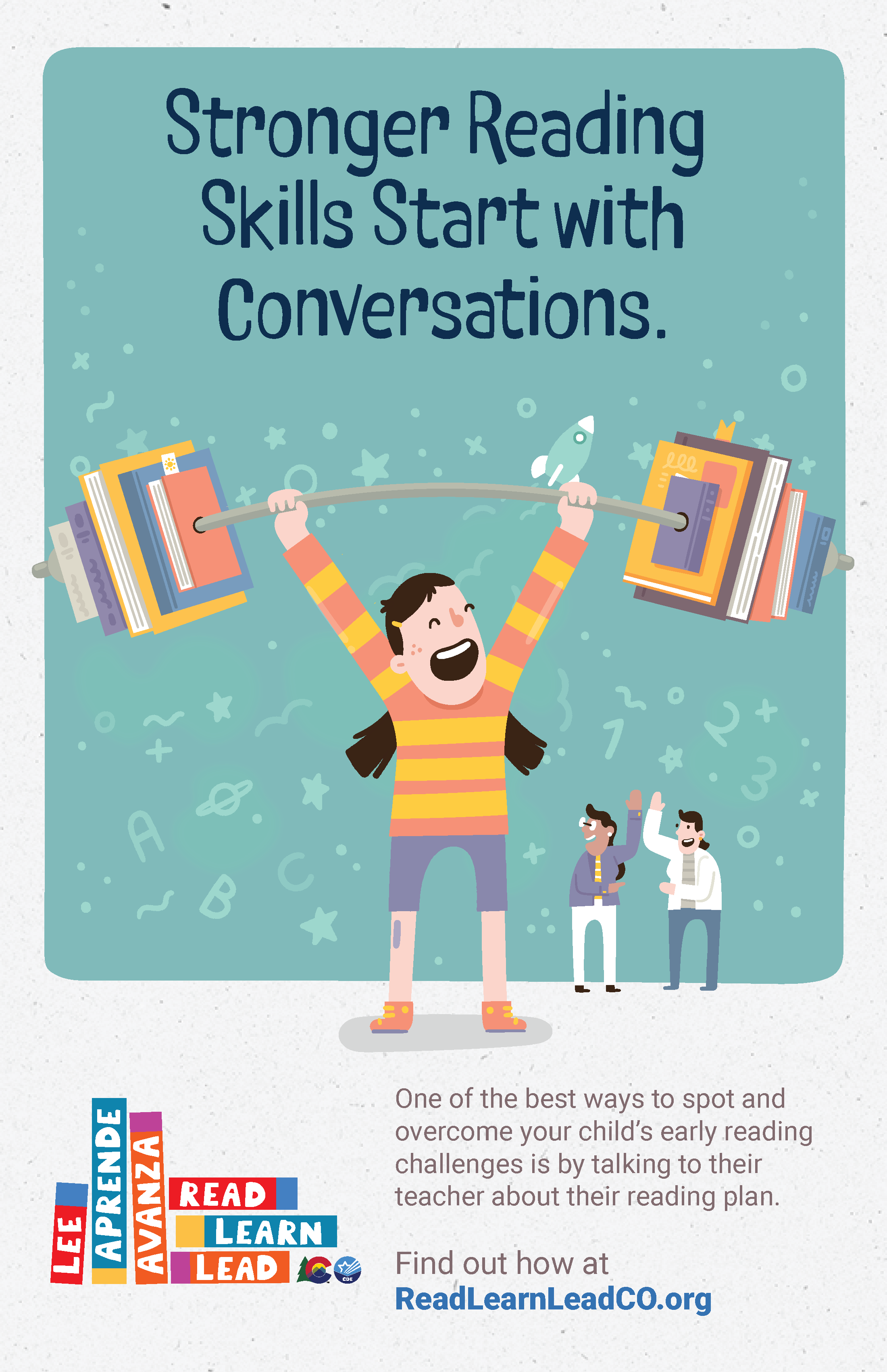 Image of the poster. The headline says "Stronger Reading Skills Start with Conversations." The image is a child triumphantly lifting a barbell with books instead of weights.