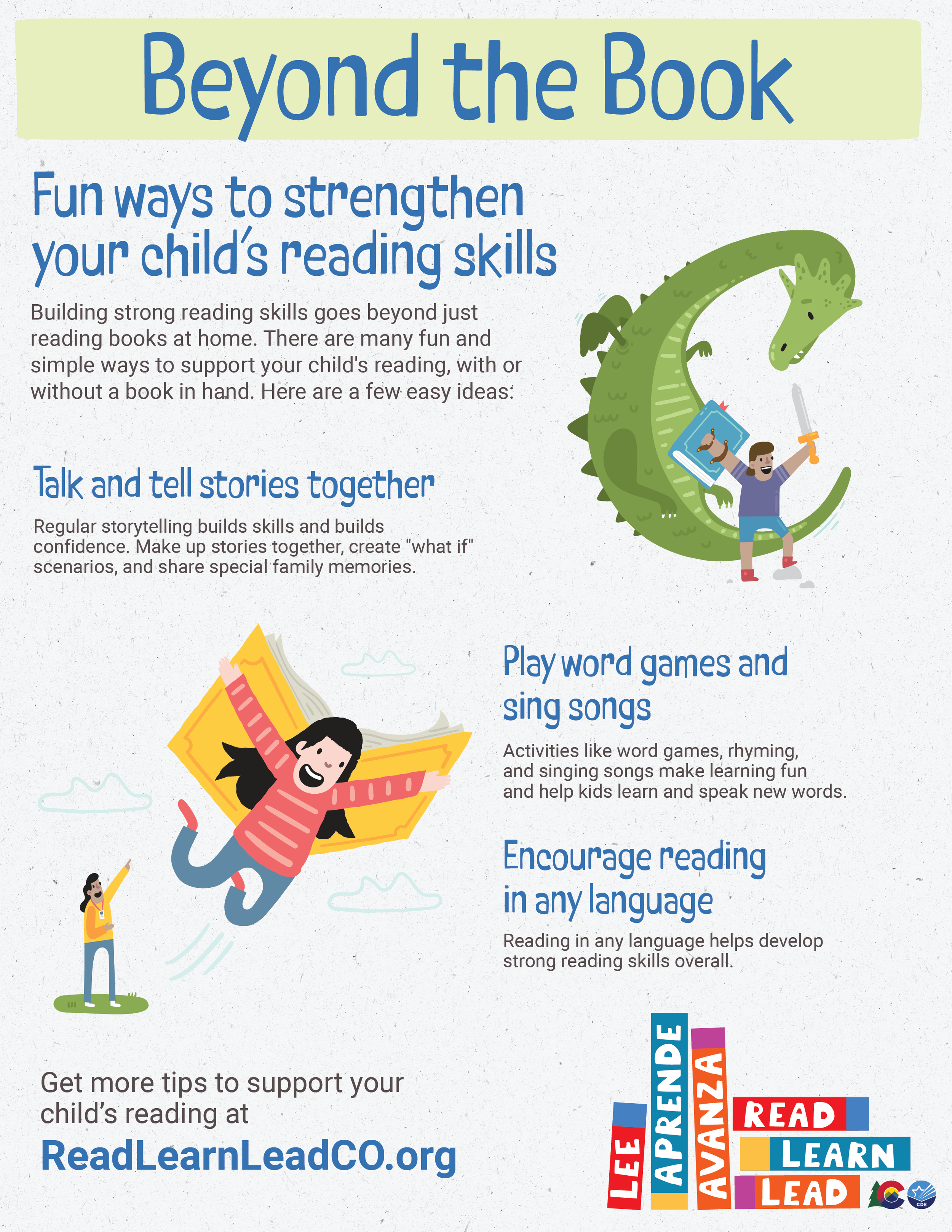 An image of a flyer titled, "Beyond the Book: Fun ways to strengthen your child's reading skills"