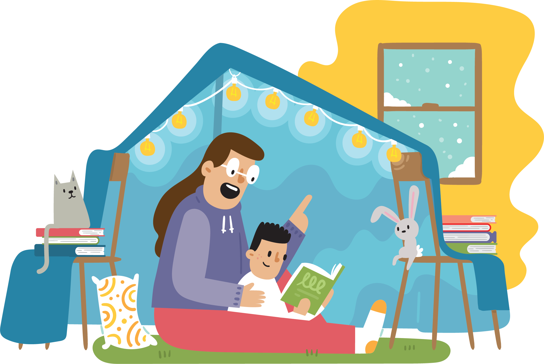 Illustration of mother and child reading in a blanket fort