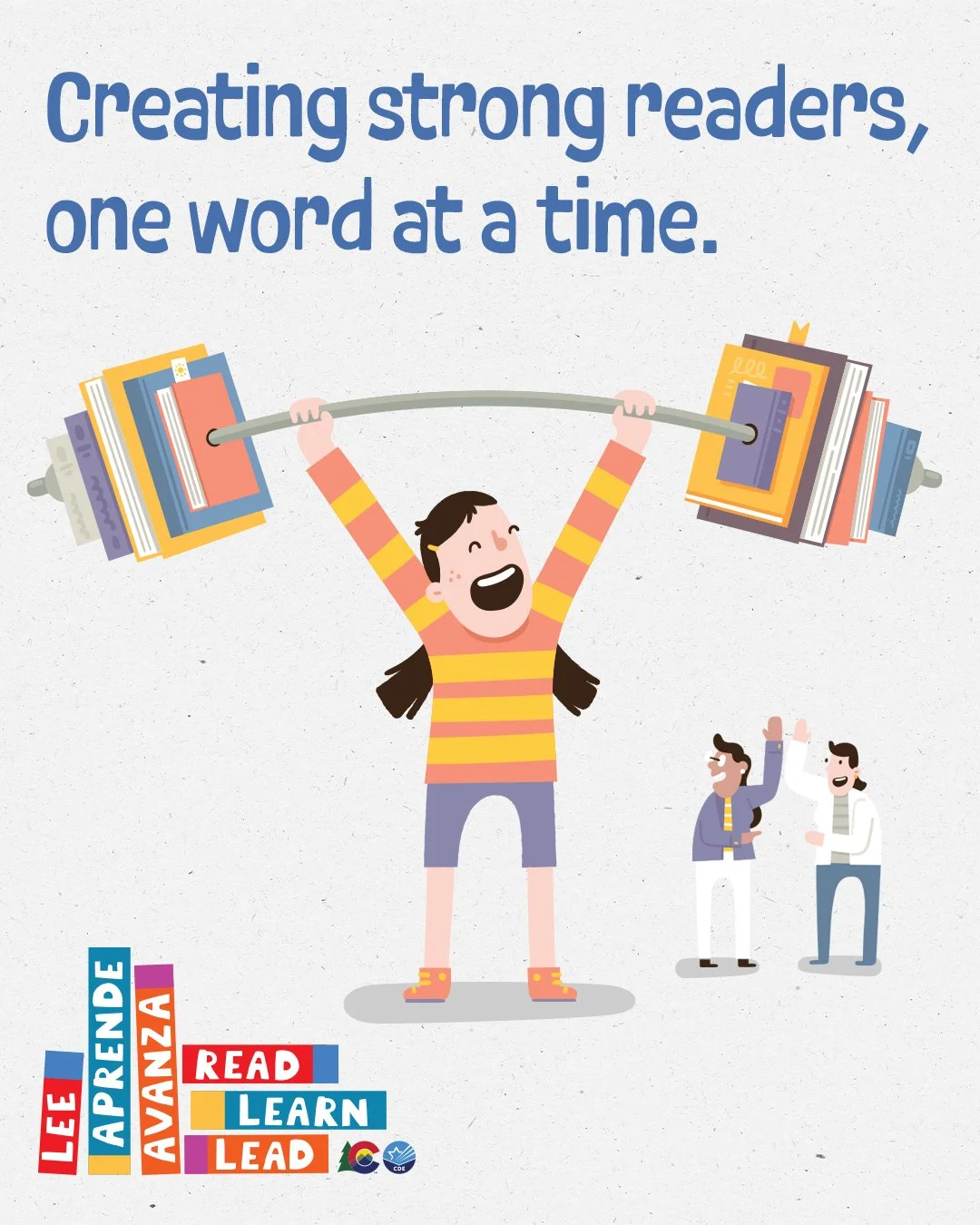 Illustration of a child holding a barbell over their head. The weights are books. The headline says, "Creating strong readers, one word at a time."