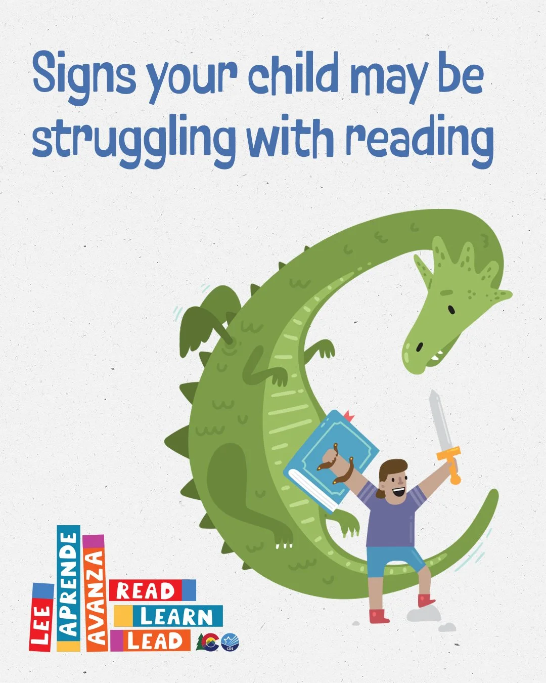 A child triumphantly stands in front of a dragon with a book shield and sword. The headline reads, "Signs your child may be struggling with reading."