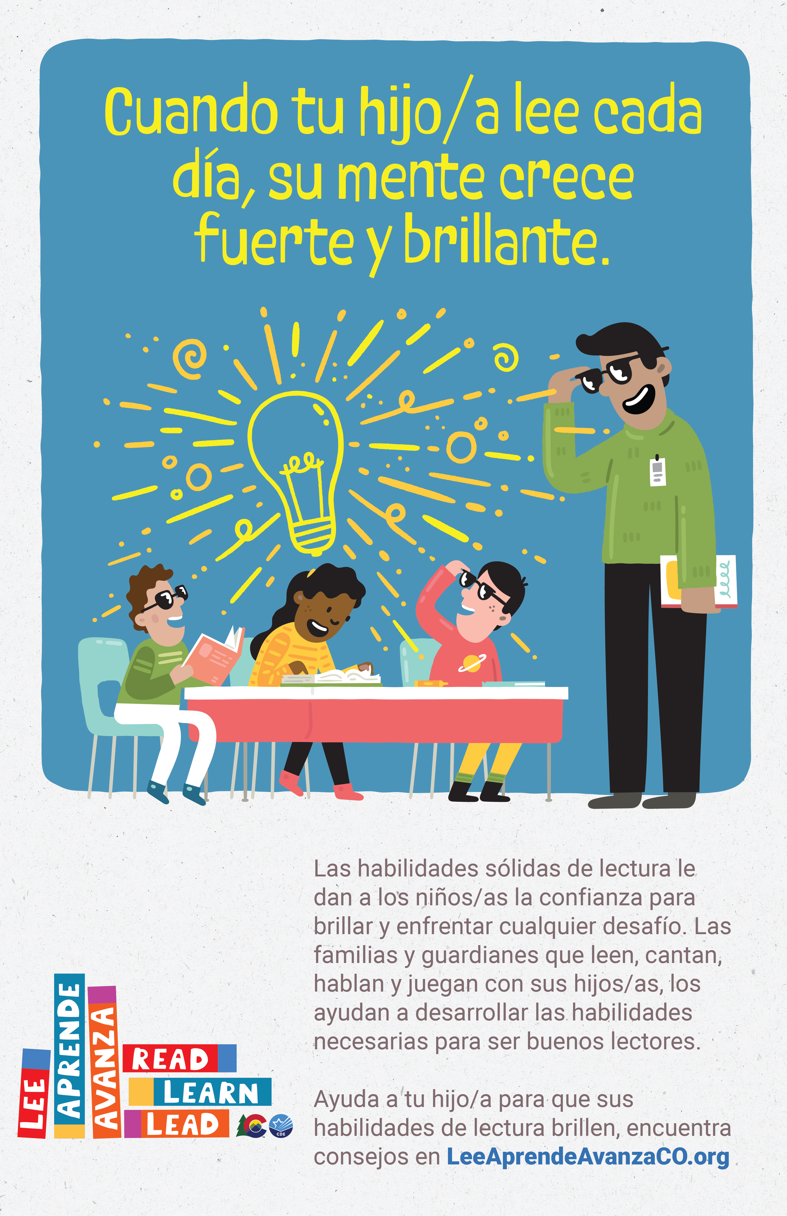 Imagen de un póster con el encabezado que dice: Cuando tu hijo/a lee cada día, su mente crece fuerte y brillante.