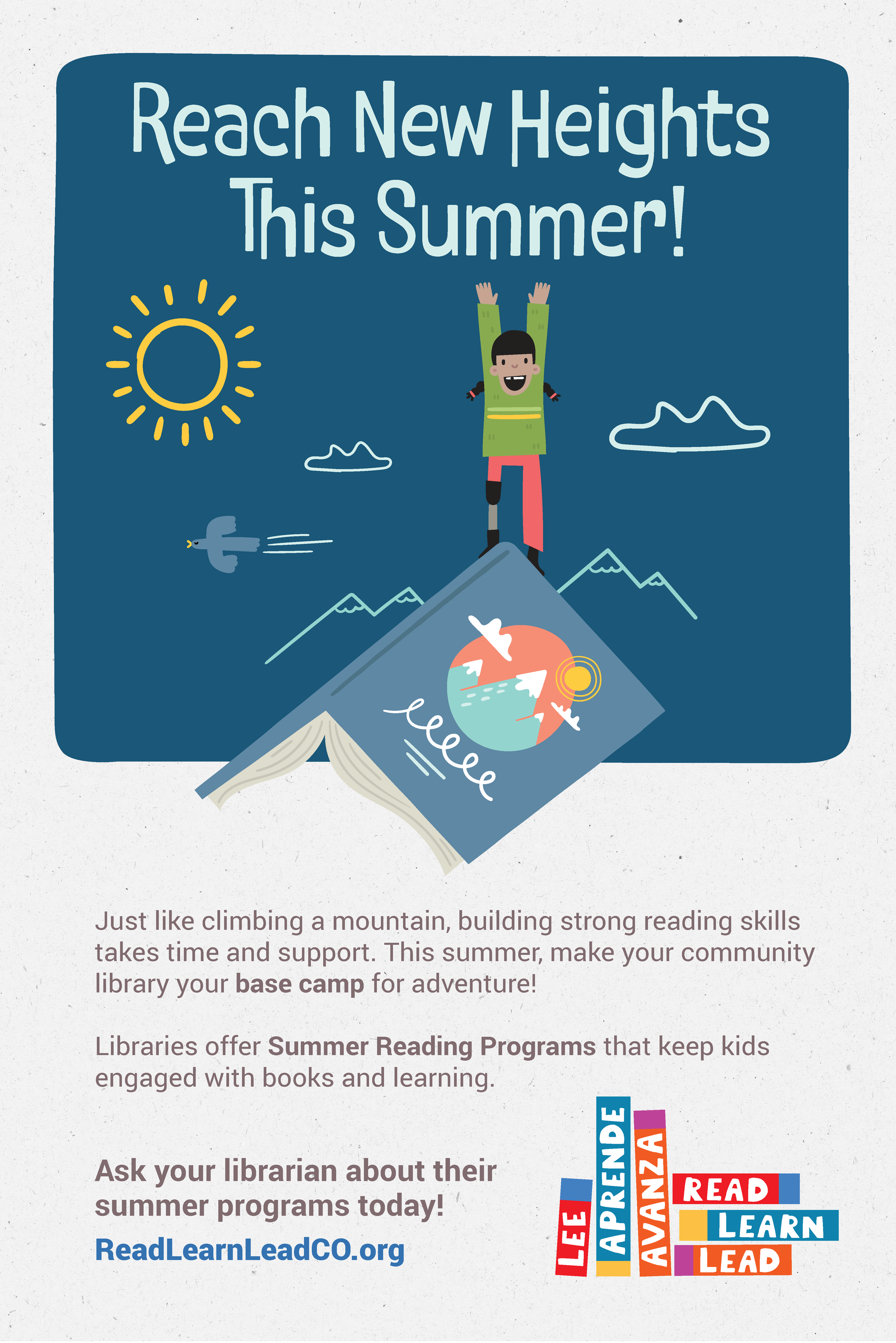 An image of the poster. The illustration shows a child stands triumphantly on a book mountain. The headline reads, "Reach New Heights This Summer!"
