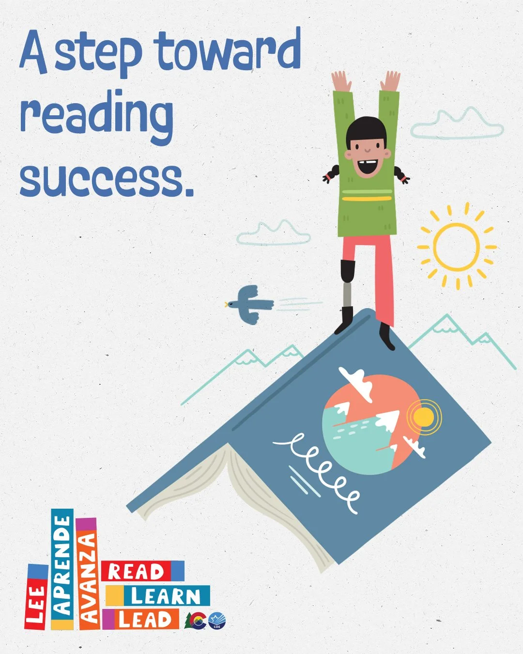 A young girl triumphantly stands on a book mountain