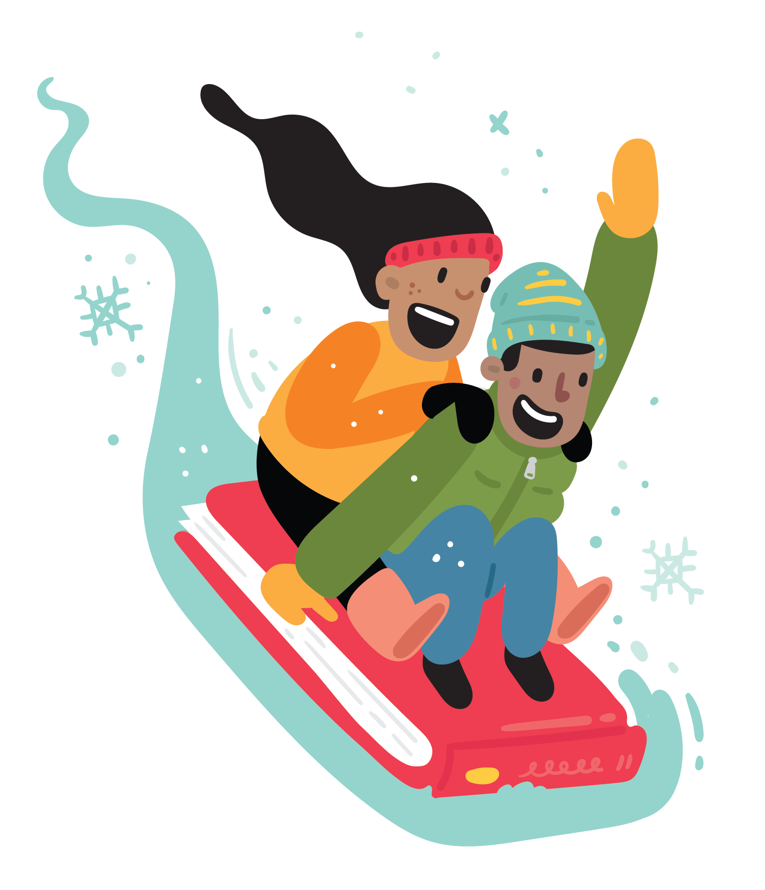 An illustration of two children joyfully sledding on a book sled.