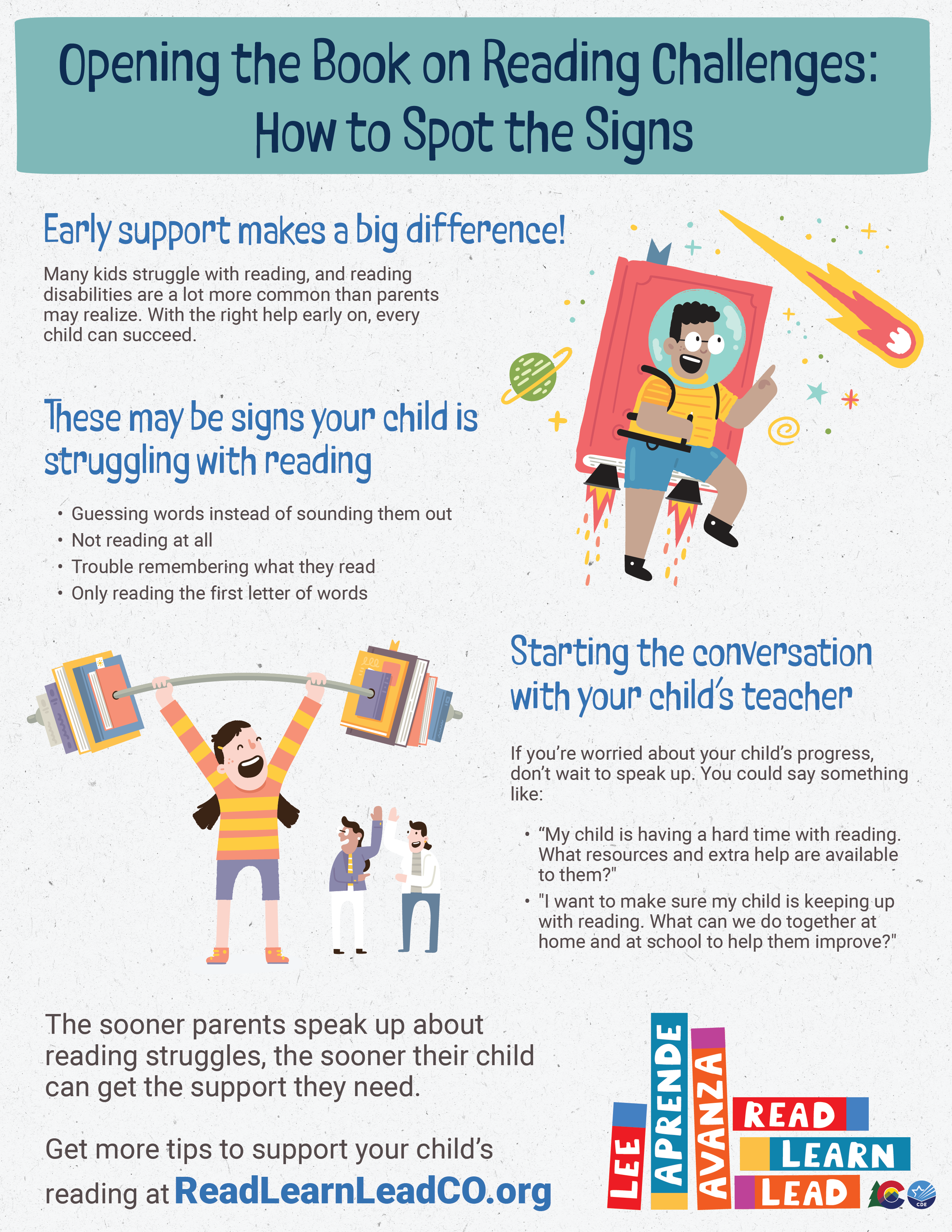 An image of a flyer titled "Opening the Book on Reading Challenges: How to Spot the Signs"