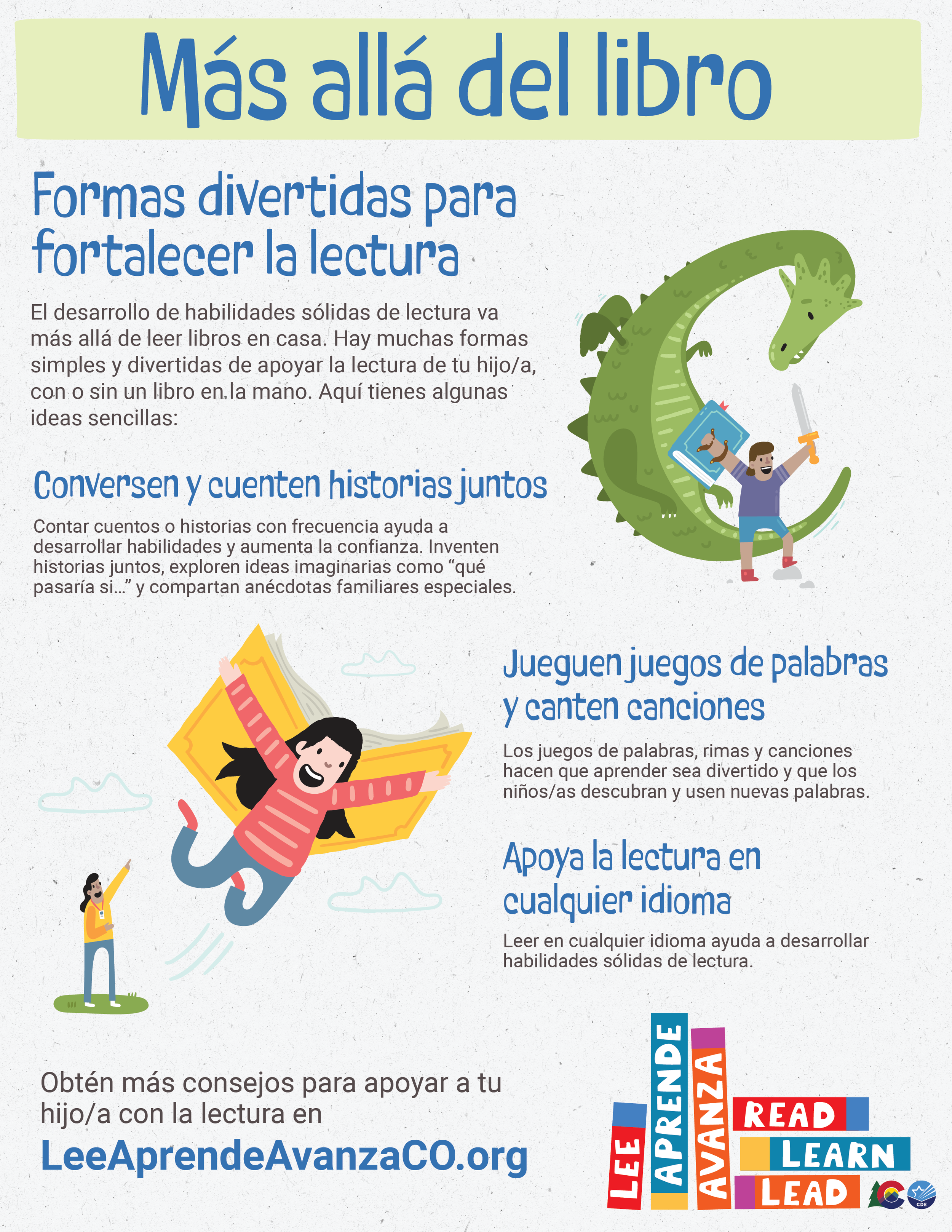 imagen de un gráfico para redes sociales con el encabezado que dice:"Más allá del libro: Formas divertidas para fortalecer la lectura"