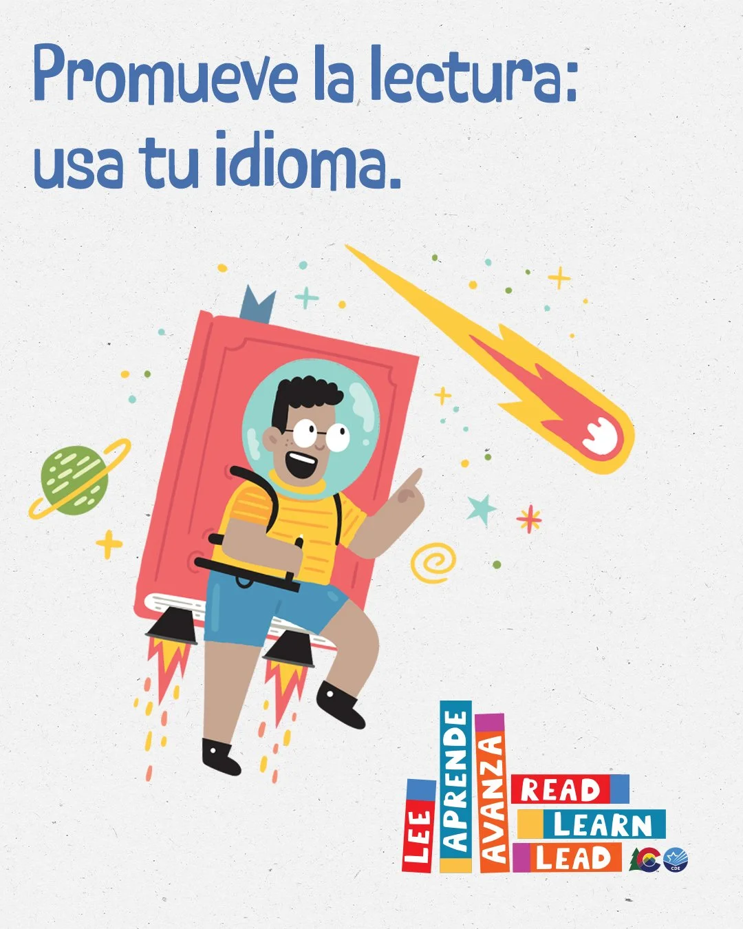Imagen de un gráfico para redes sociales con el encabezado que dice: Promueve la lectura: usa tu idoma.