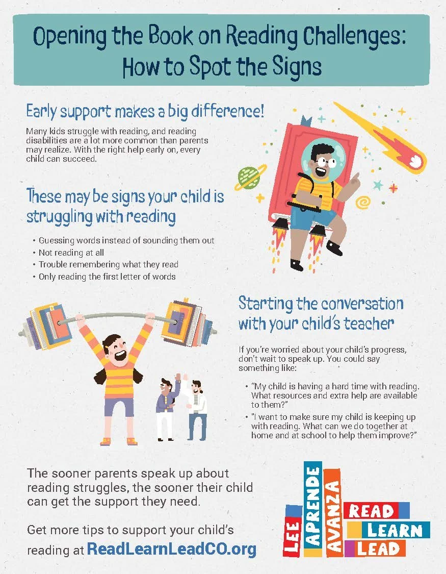 An image of a flyer titled "Opening the Book on Reading Challenges: How to Spot the Signs"