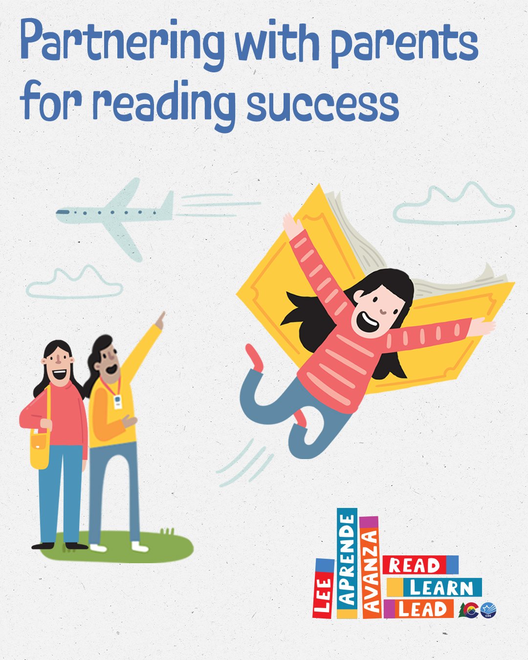 A child flies thanks to book wings. Two parents watch and smile. The headline reads, "Partnering with parents for reading success."