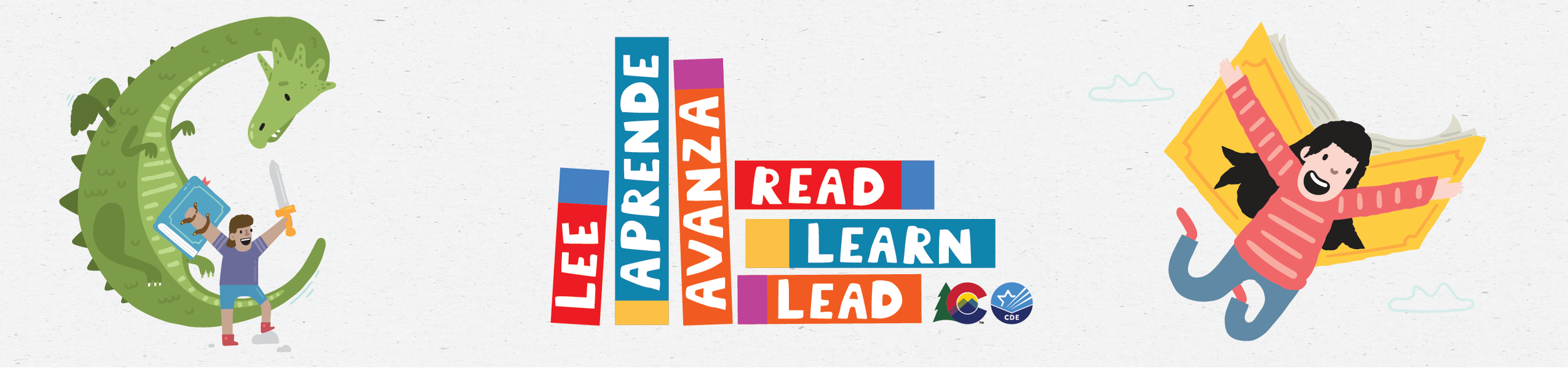 An image of an email header. The "Read Learn Lead" logo is in the middle. An illustration of a child holding book weights over is head is on the left and and an illustration of a child blasting into space with a book rocket ship backpack is on the R