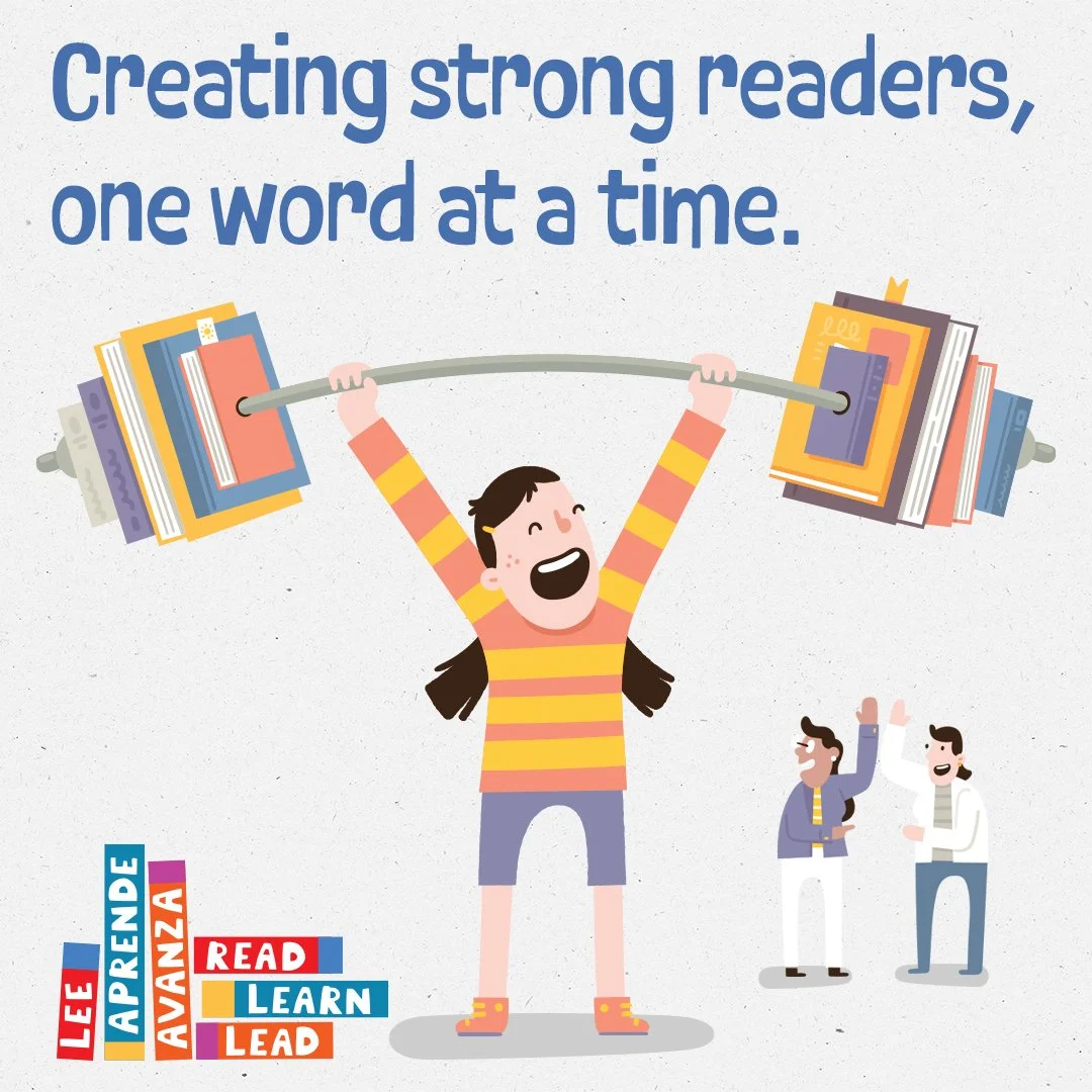 Illustration of a child holding a barbell over their head. The weights are books. The headline says, "Creating strong readers, one word at a time."