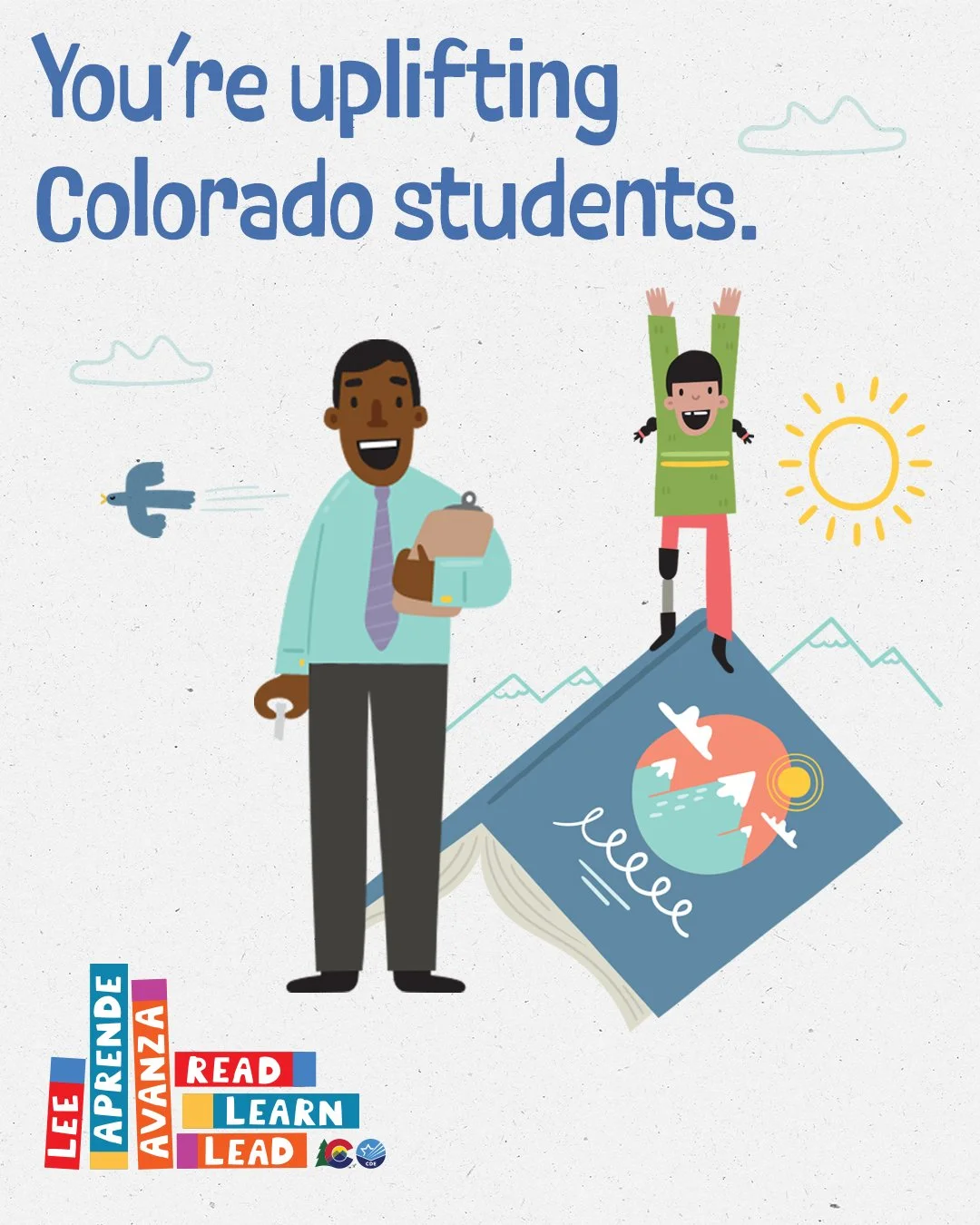 A young girl triumphantly stands on a book mountain. A smiling teacher smiles in the foreground.