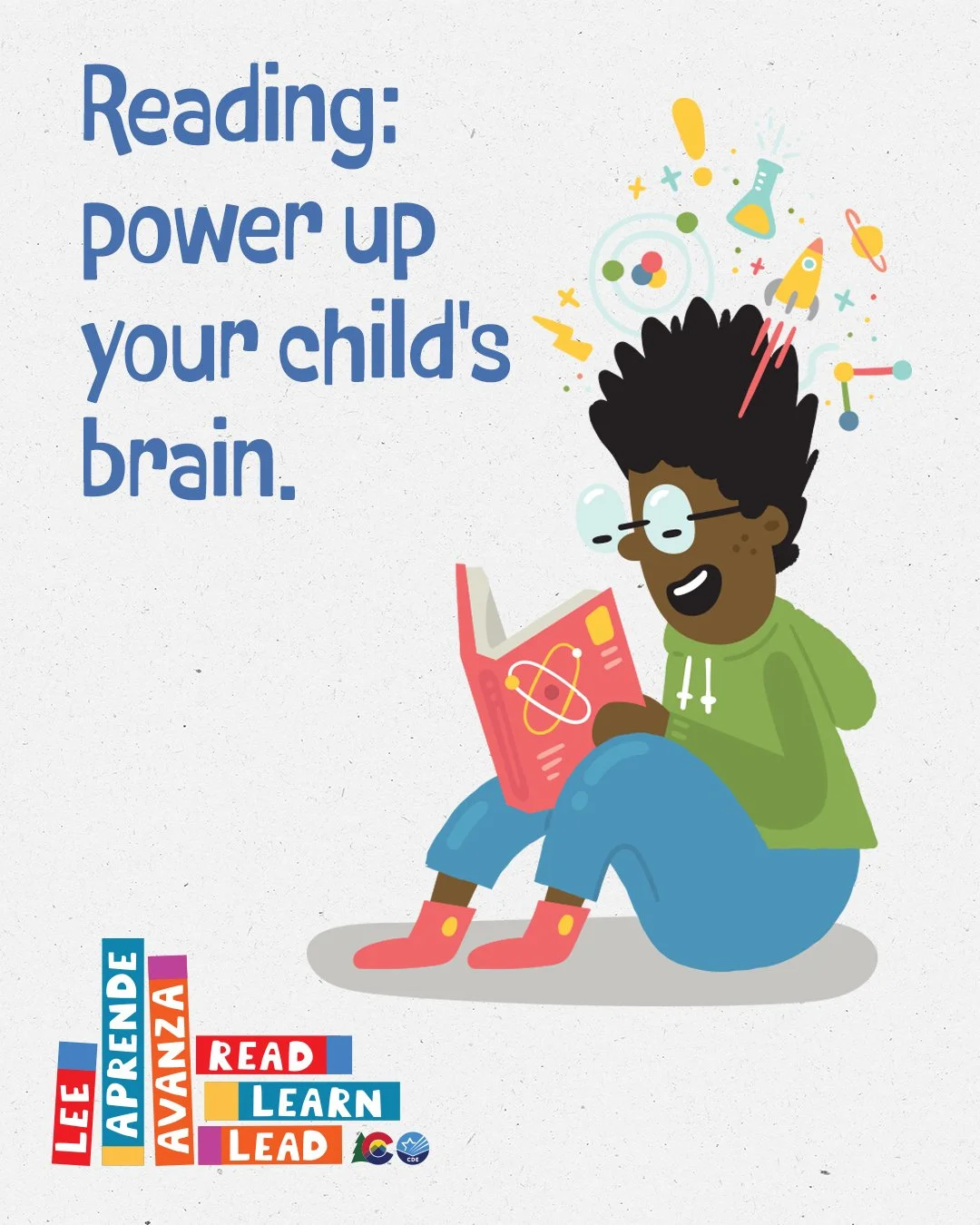 A child reads a chemistry book while chemistry symbols dance around their head. The headline reads, "Reading: power up your child's brain!"