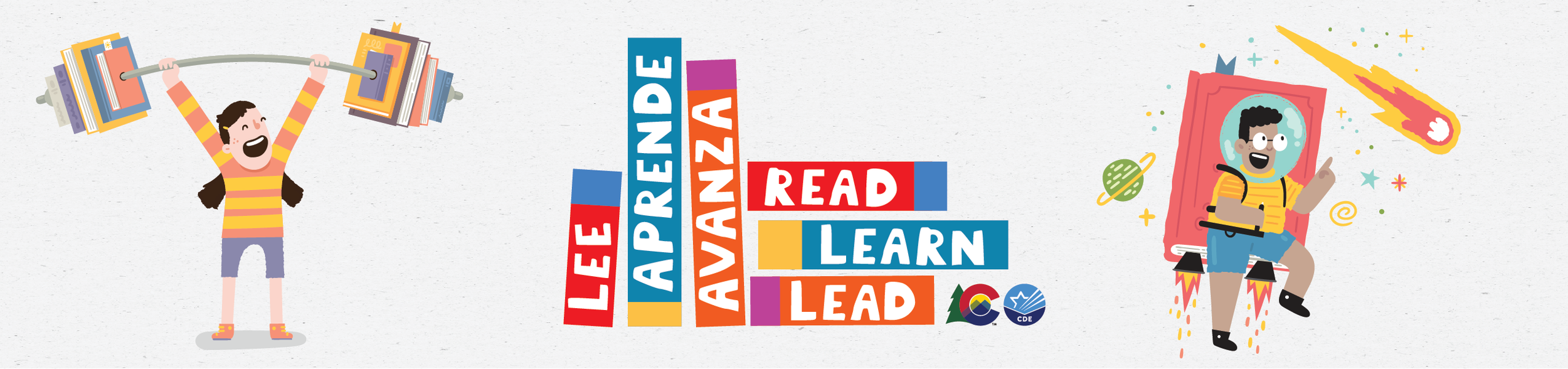 An email header image with the "Read Learn Lead" logo in the middle, and illustrations of a girl flying with book wings and a child with a dragon and a book shield