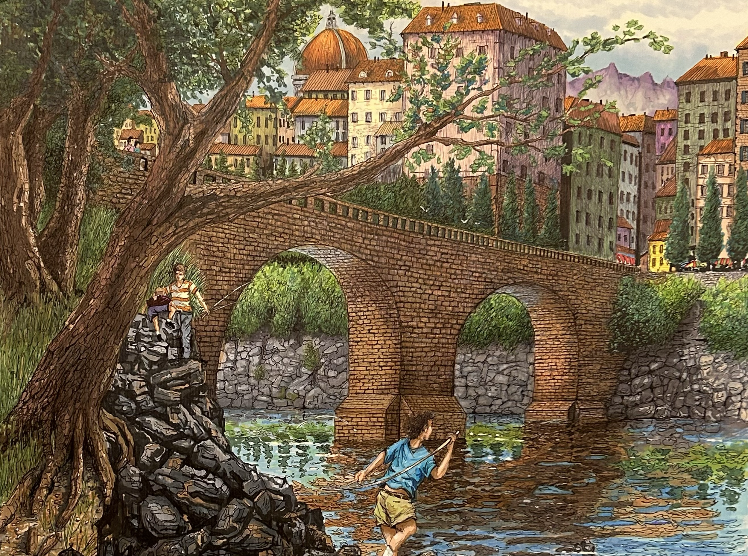 "Boys Fishing Florence" - CP/Ink - 23 1/2 x 19 1/2