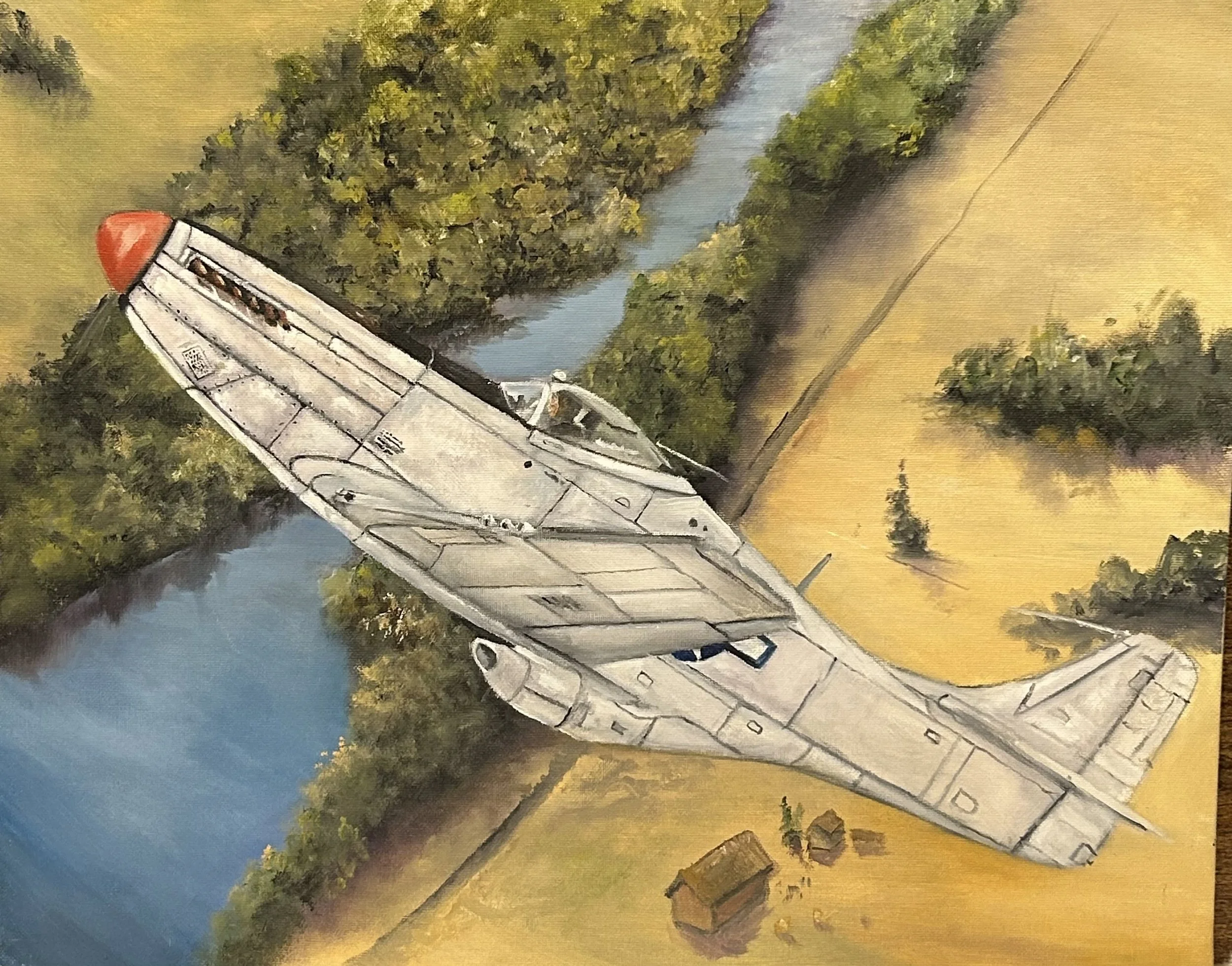 "P-51 Mustang over Rhine River" - Oil - 16x20