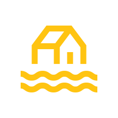 A yellow house with a peaked roof, surrounded by water waves representing flood damage and repair.