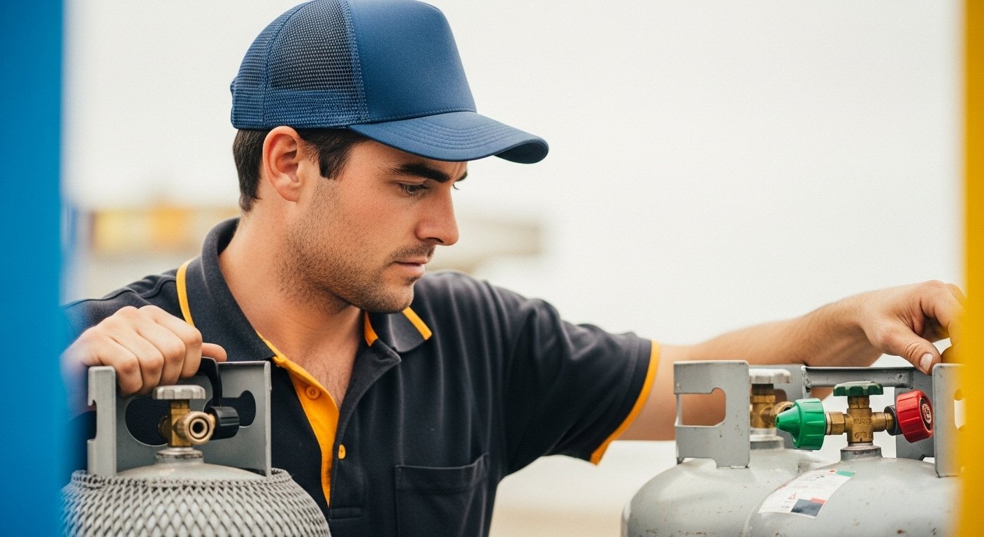 A male technician in a black shirt with yellow trim and a blue cap working with a gas cylinder and adjusting the valve.