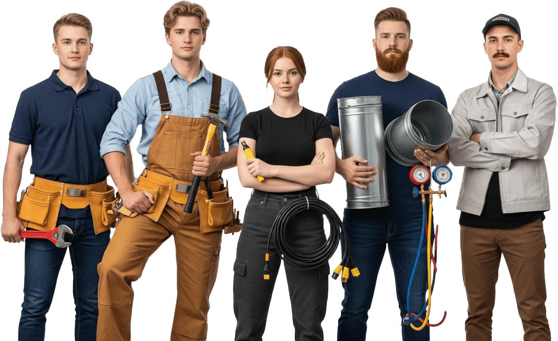 Group of five trades professionals of varying ages and genders, holding tools and equipment—representing Australia’s diverse workforce across plumbing, air con, and electrical services.