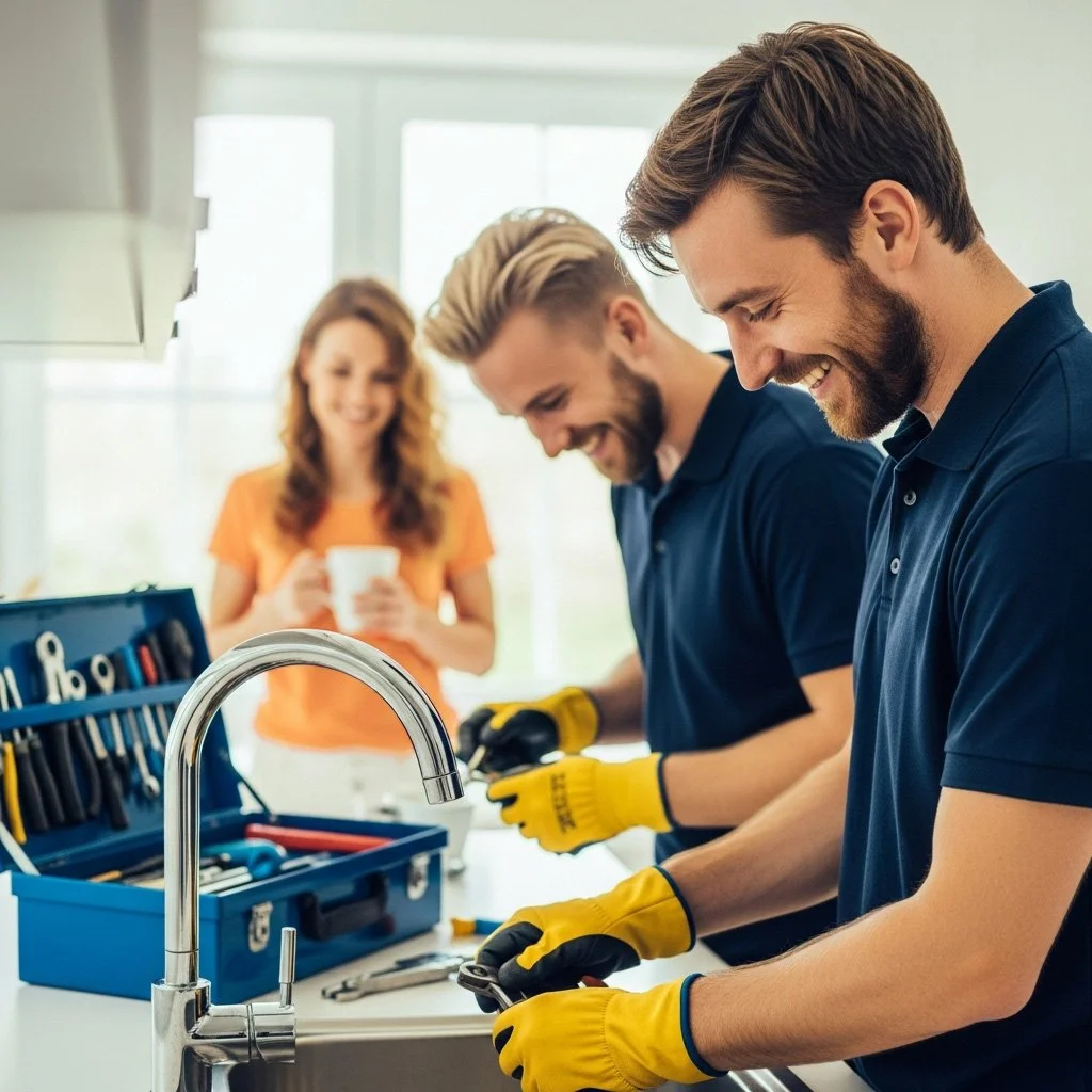 Three people, two men and a woman, working on a plumbing project in a bright kitchen. The men are wearing yellow gloves and working with tools, while the woman watches and holds a mug, smiling.